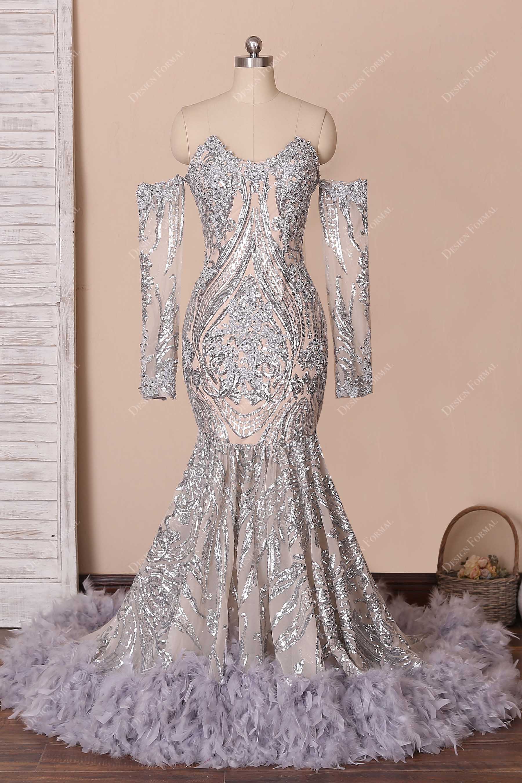silver sequin off shoulder feather mermaid gown