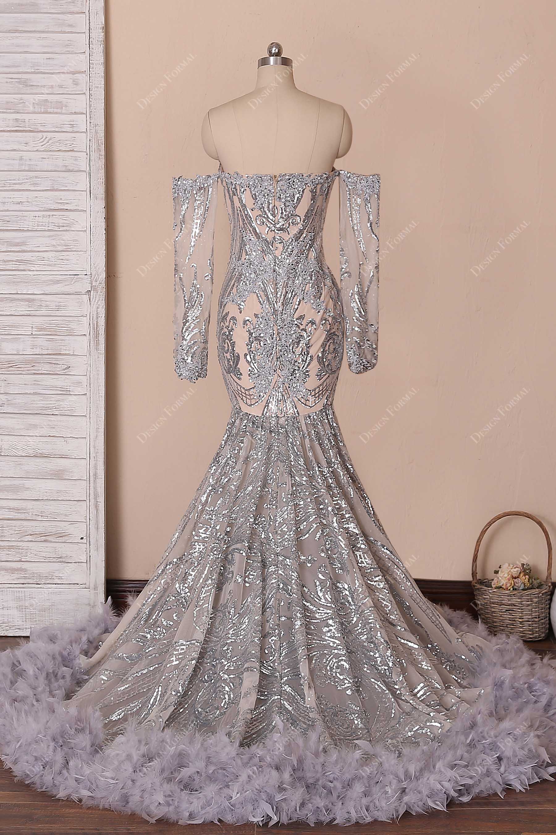 silver sequin off-shoulder long dress