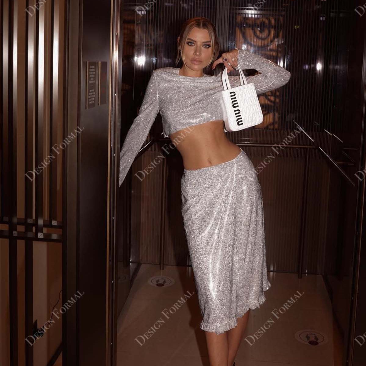Silver Glitter Two-piece Long Sleeves Knee Length Tailor Made Prom Dress Silver Glitter Two-piece Long Sleeves Knee Length Tailor Made Prom Dress