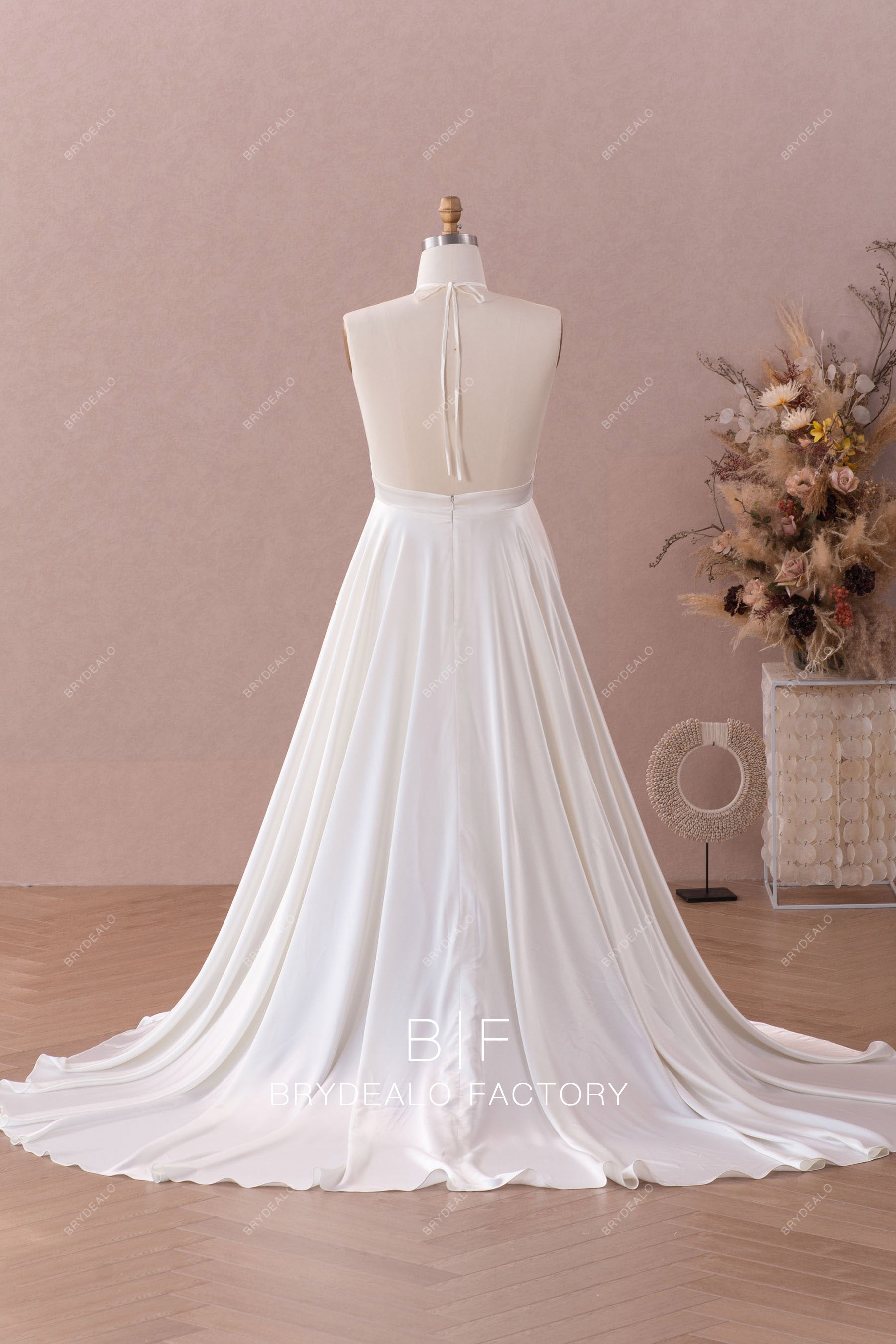 court train flowy silky A-line cheap wedding dress