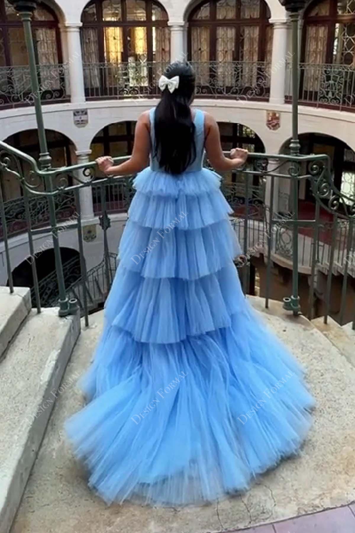 sky blue designer sleeveless prom dress