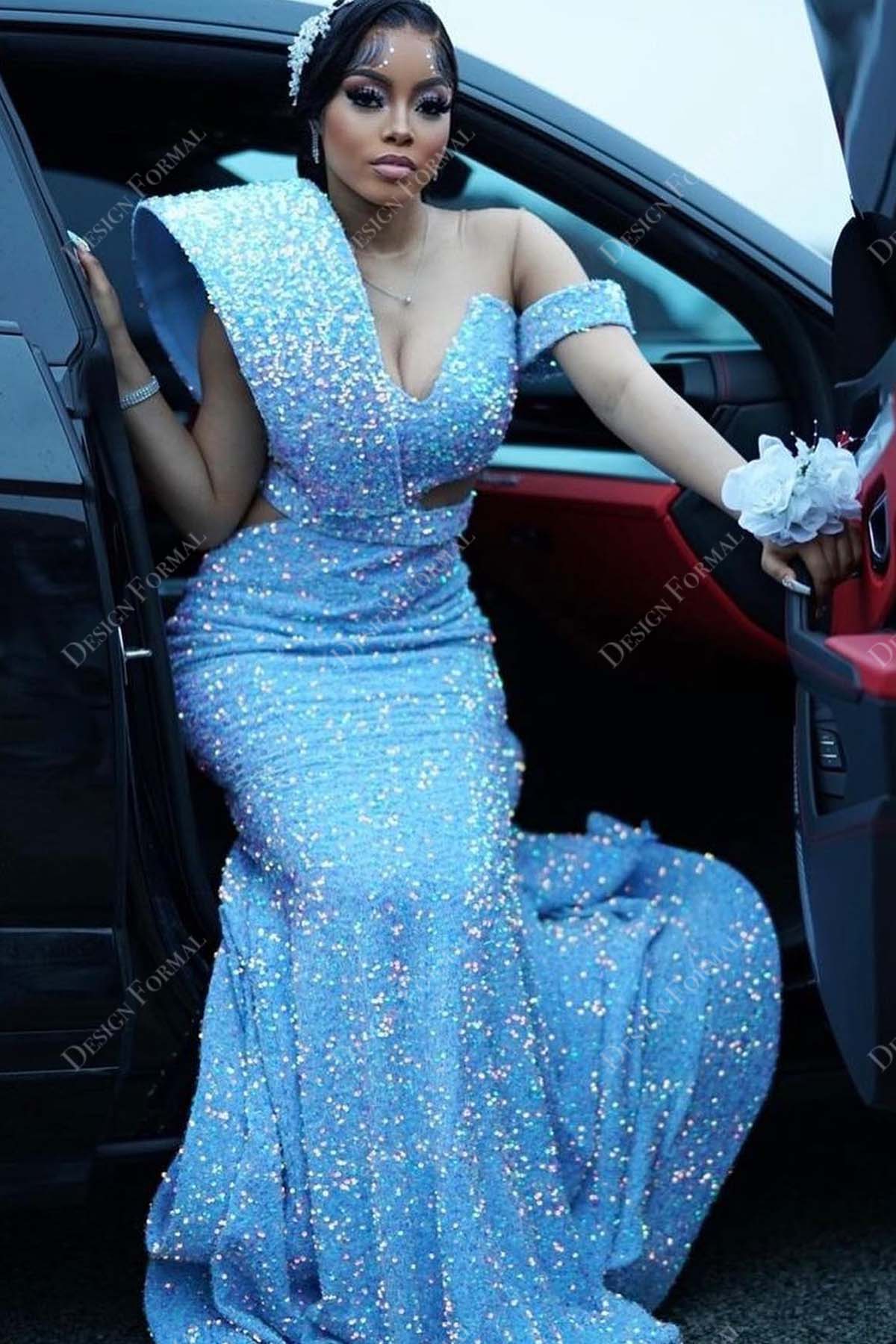 sky blue glitter asymmetrical mermaid prom gown