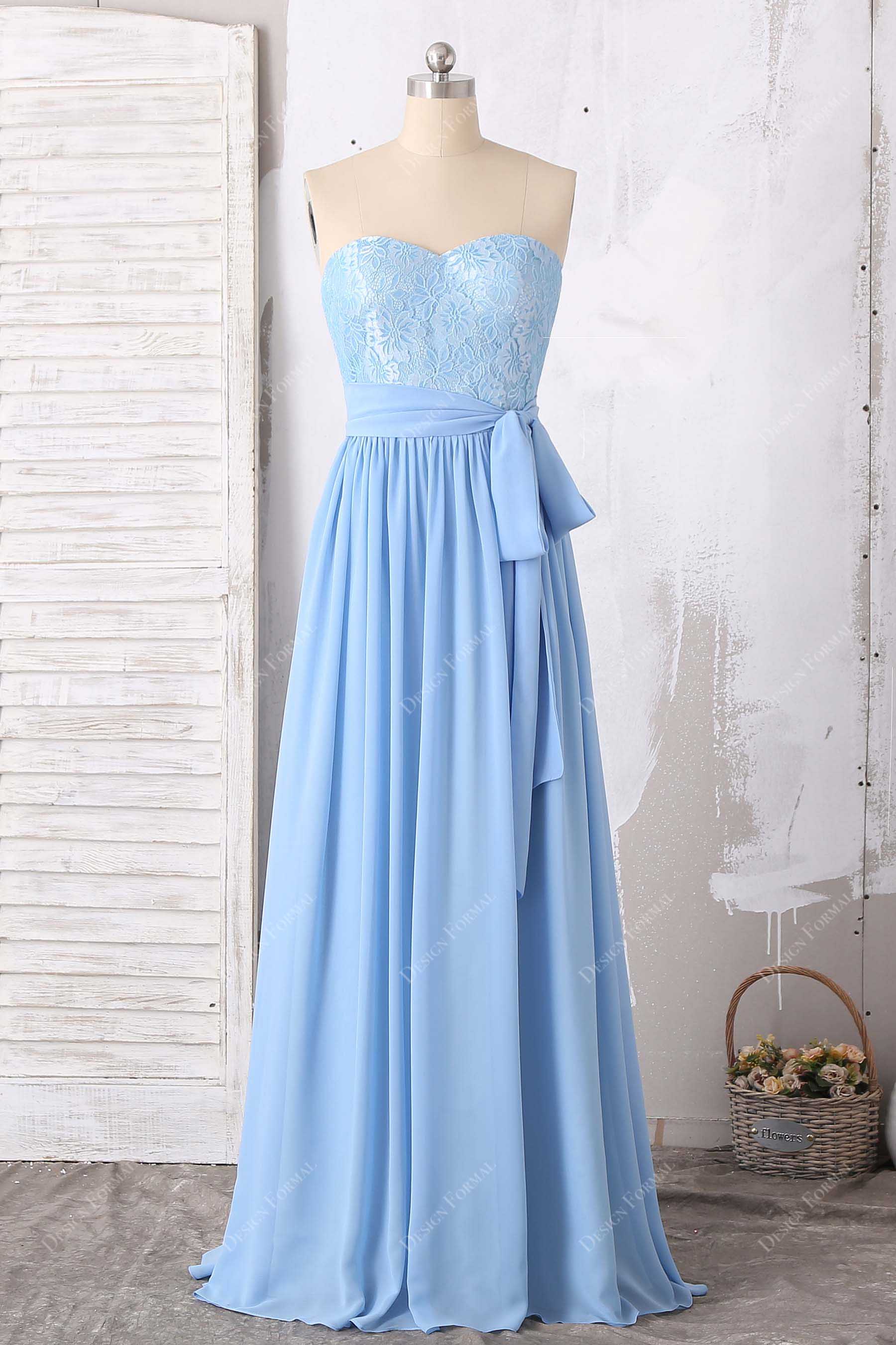 sky blue lace chiffon strapless bridesmaid dress