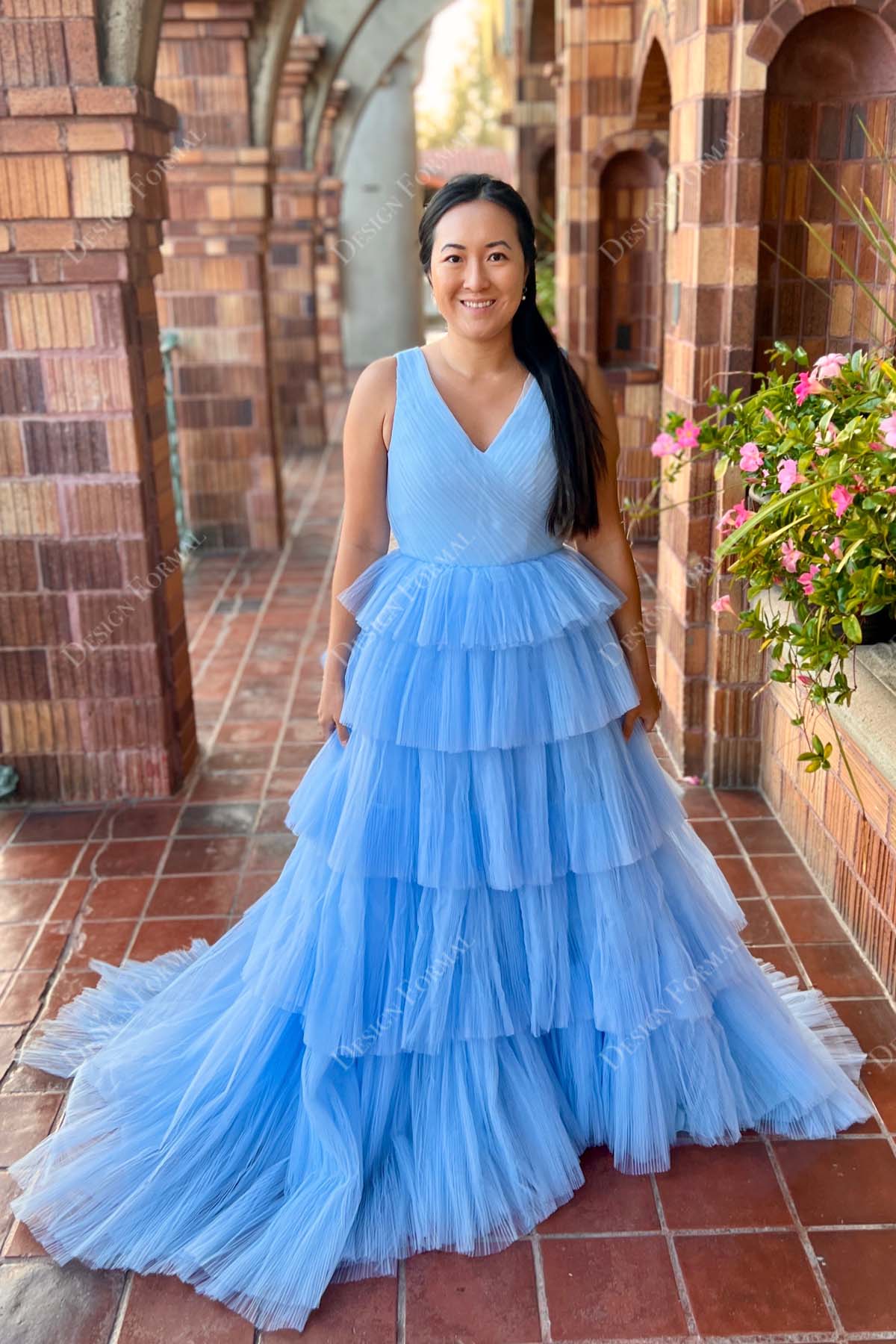 sky blue pleated V-neck prom formal gown