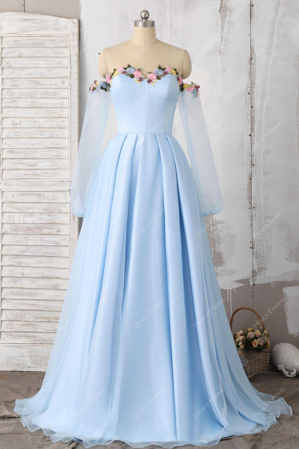 Charming Off The Shoulder Sky Blue Tulle Pleated Long Party Dress Birthday Outfits SP1129