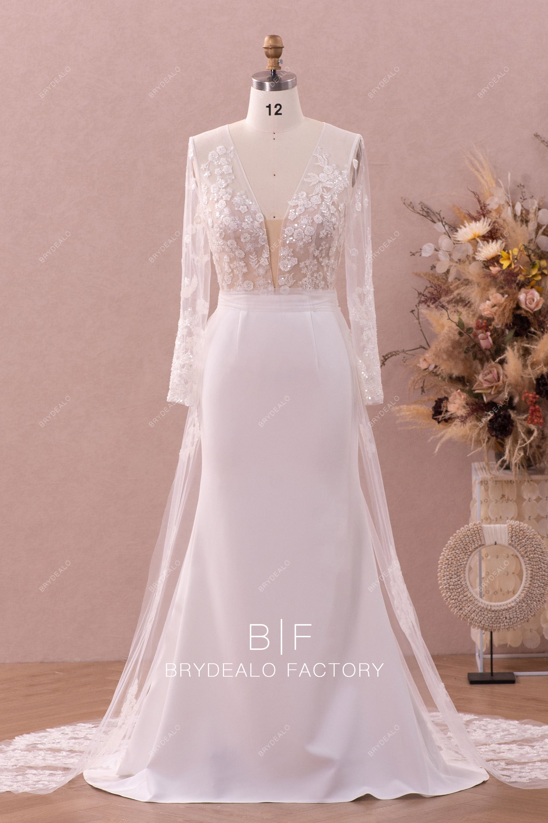 sheer sleeves beaded lace crepe bridal gown overskirt