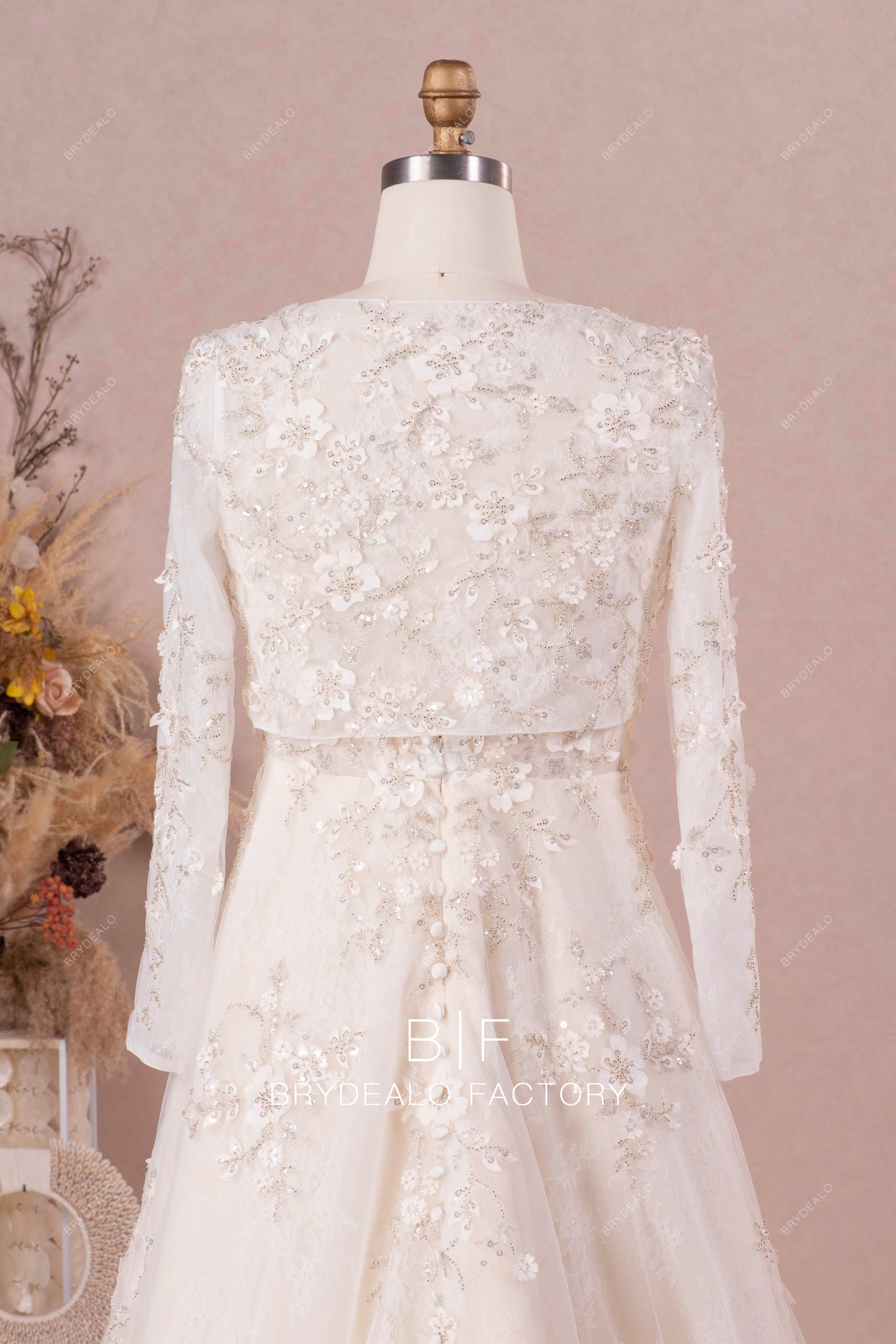 long sleeves 3D flowers lace jacket wedding dress