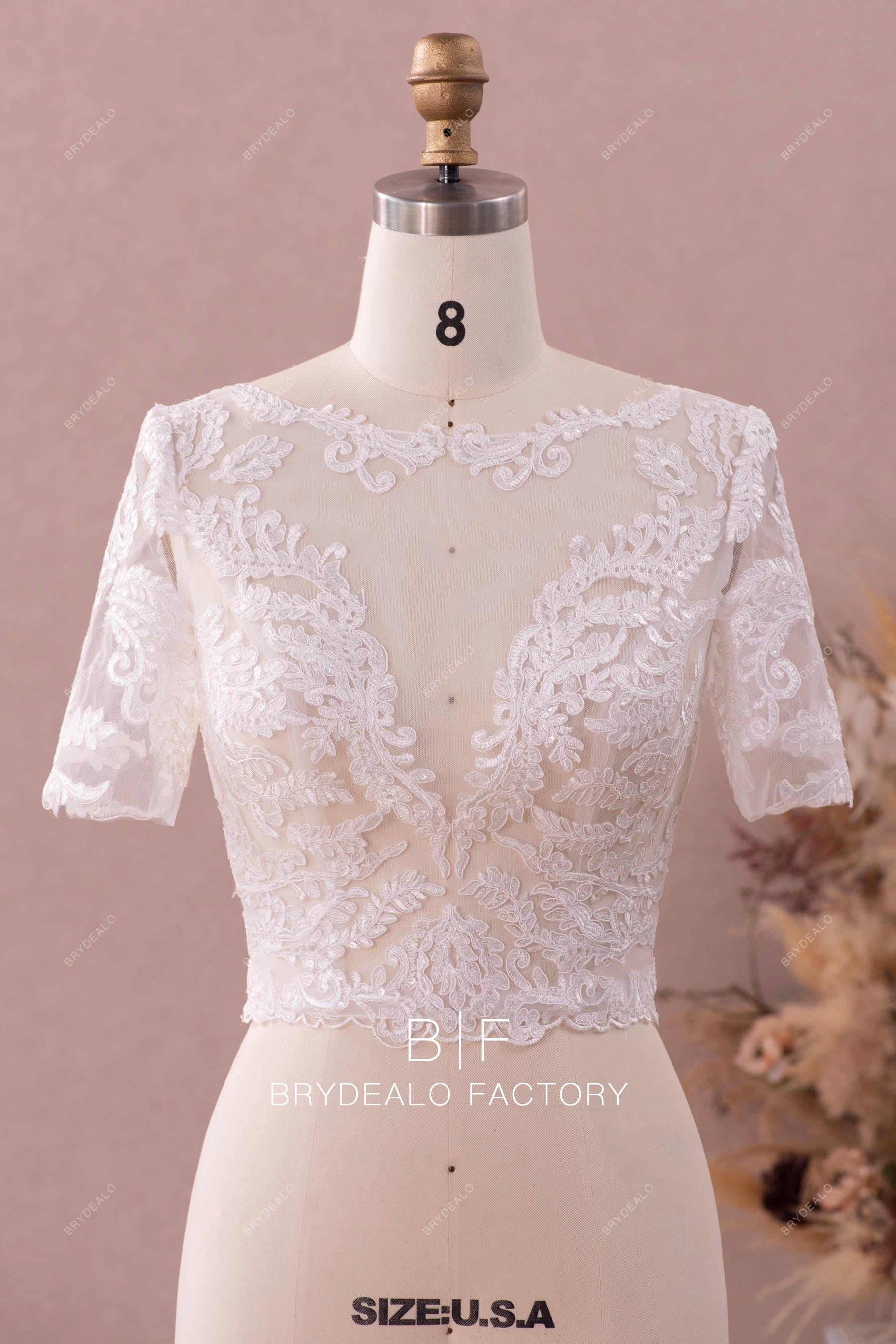 stylish short sleeves lace illusion bridal crop top