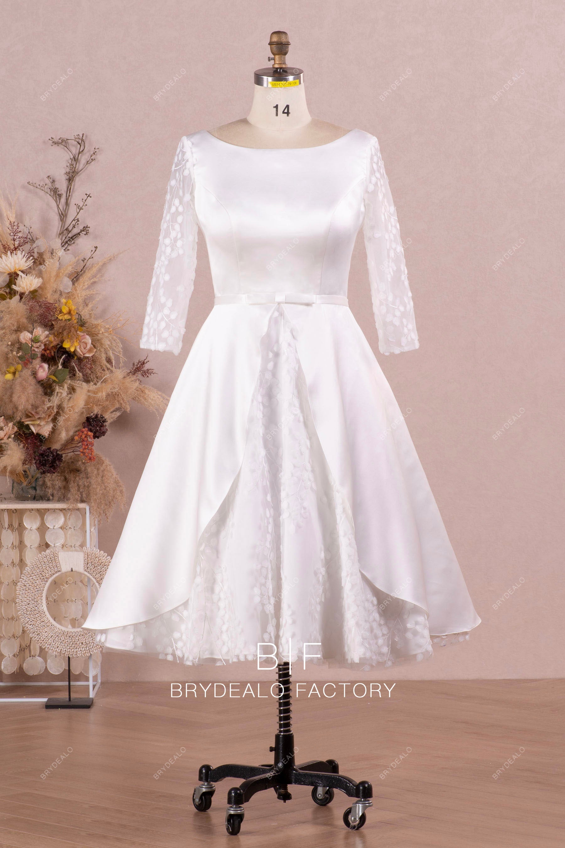 Sheer 3/4 Sleeves Vintage Short Bridal Dress