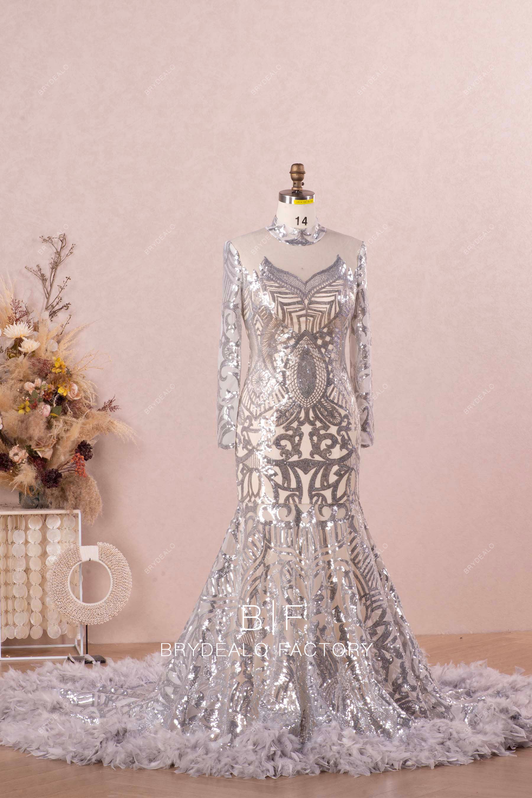 sheer sleeves unique sequin silver mermaid prom dress