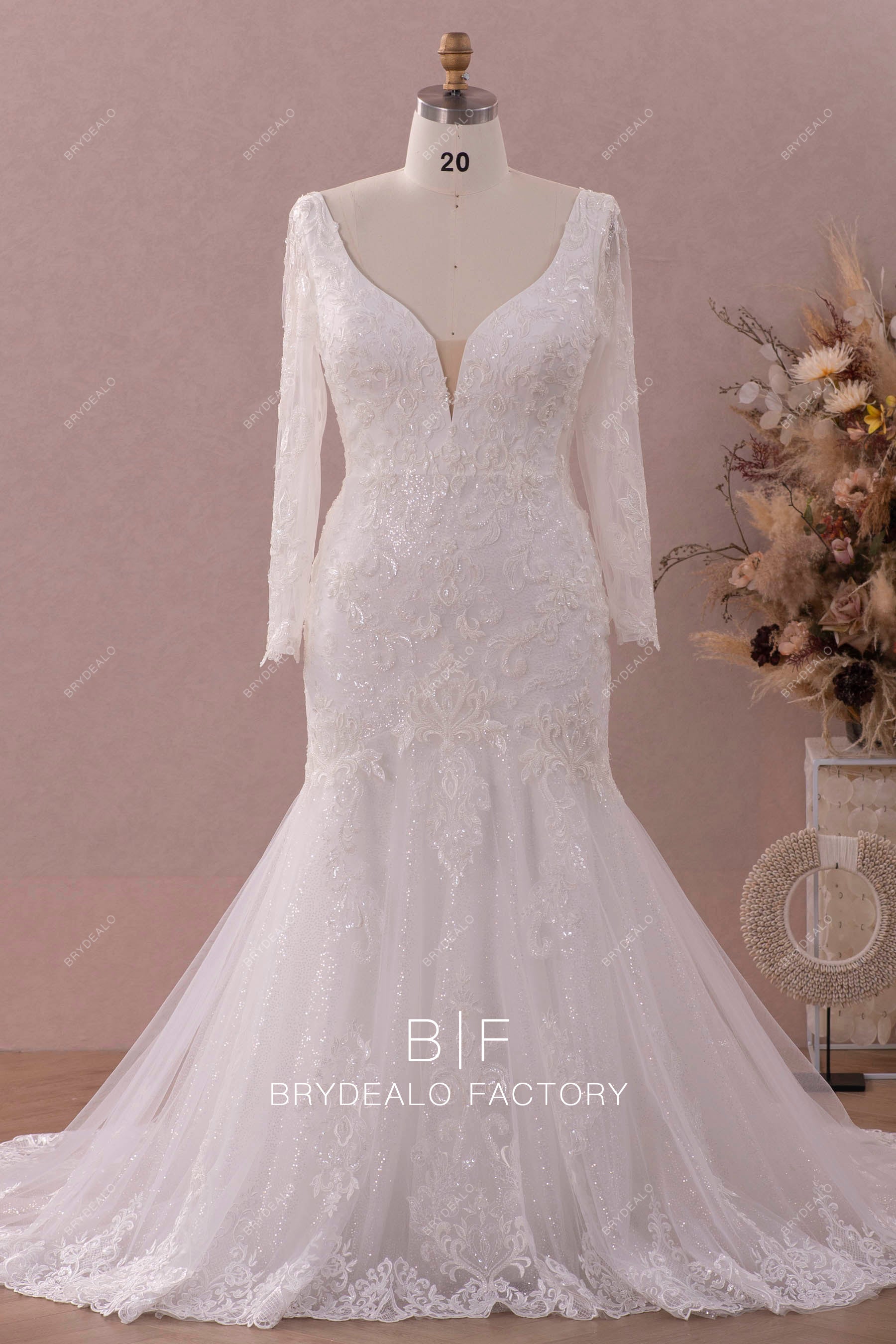 plus size plunging beaded lace mermaid wedding gown