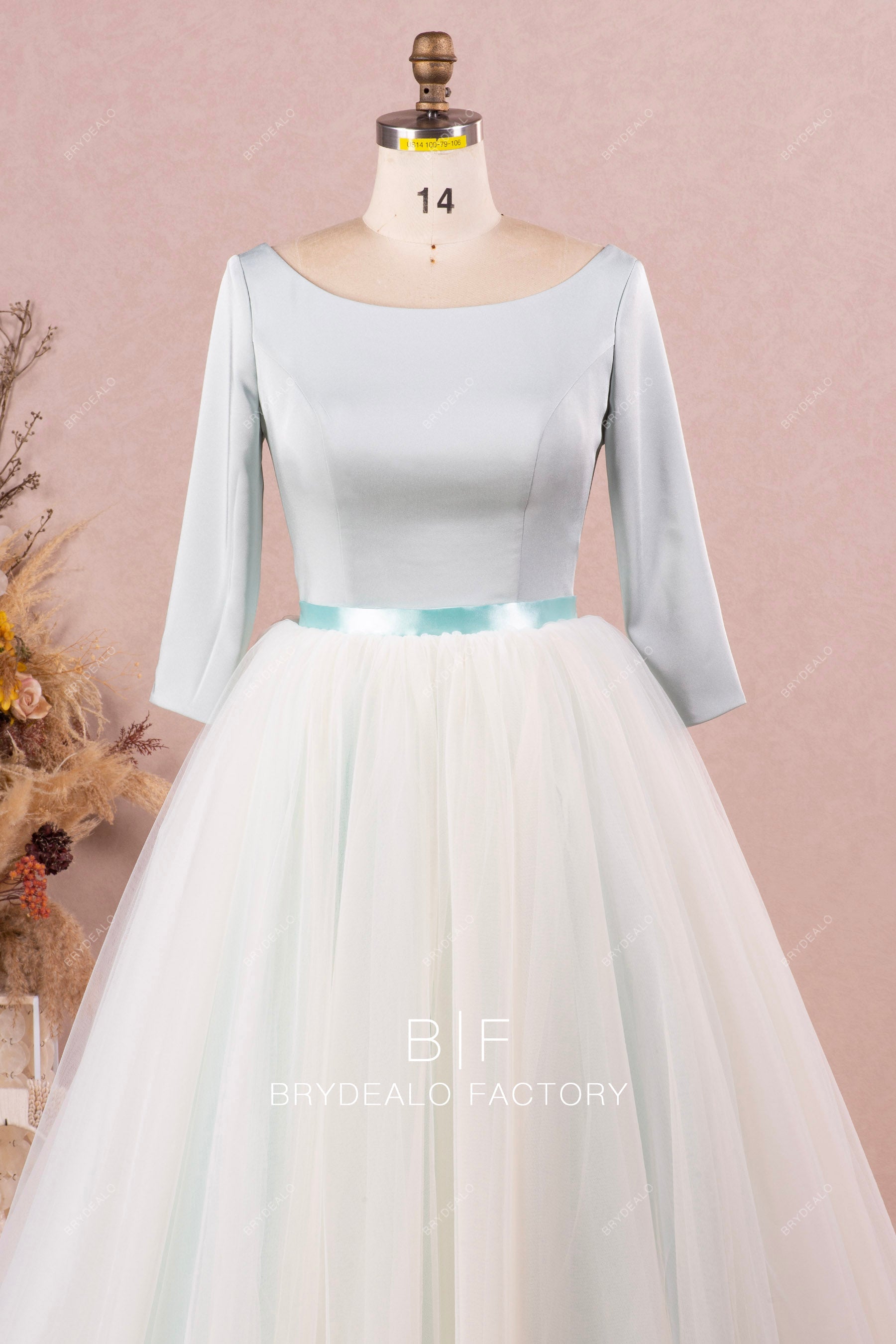 3/4 sleeves satin boat neck puffy wedding gown