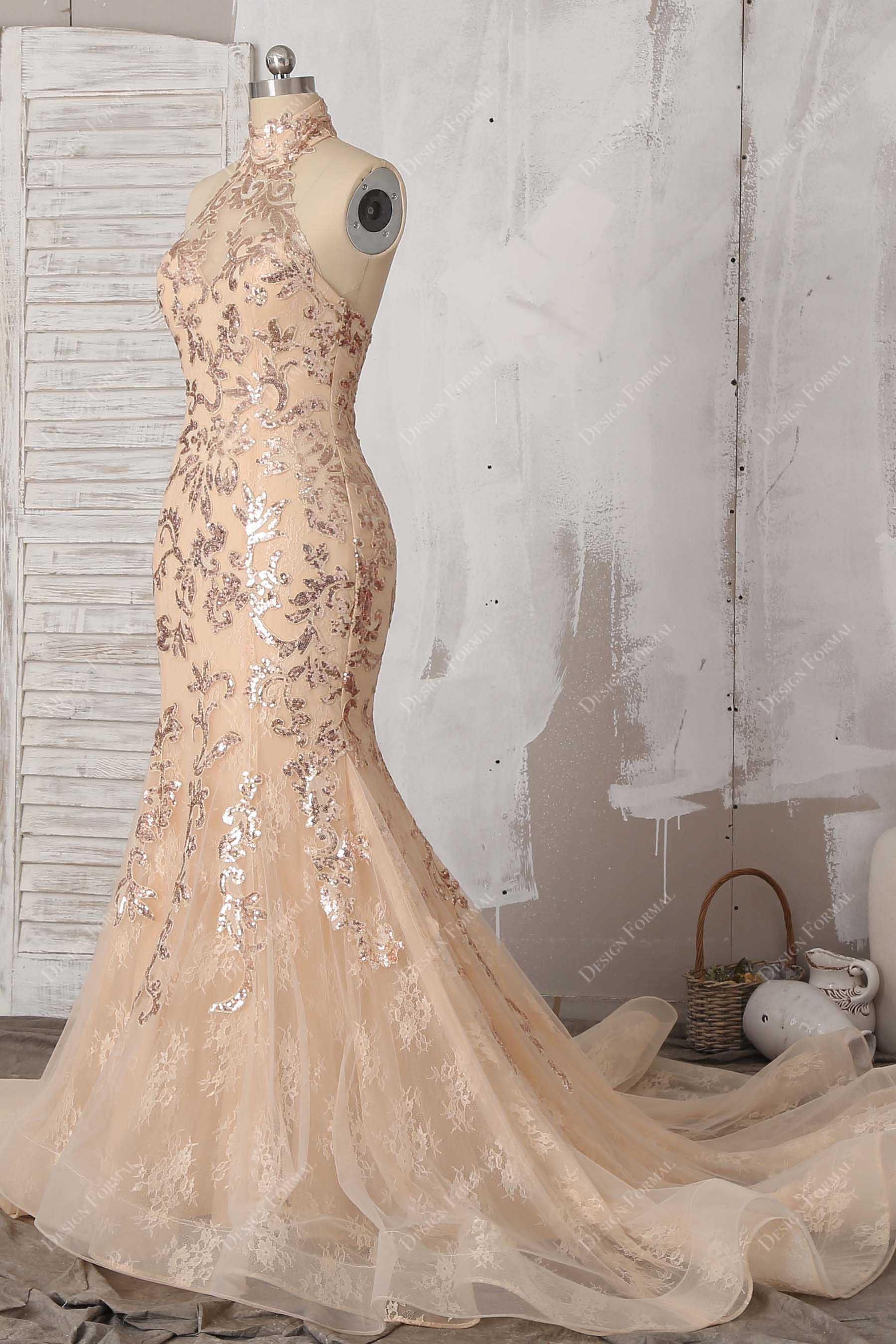 sleeveless champagne lace sequin prom gown