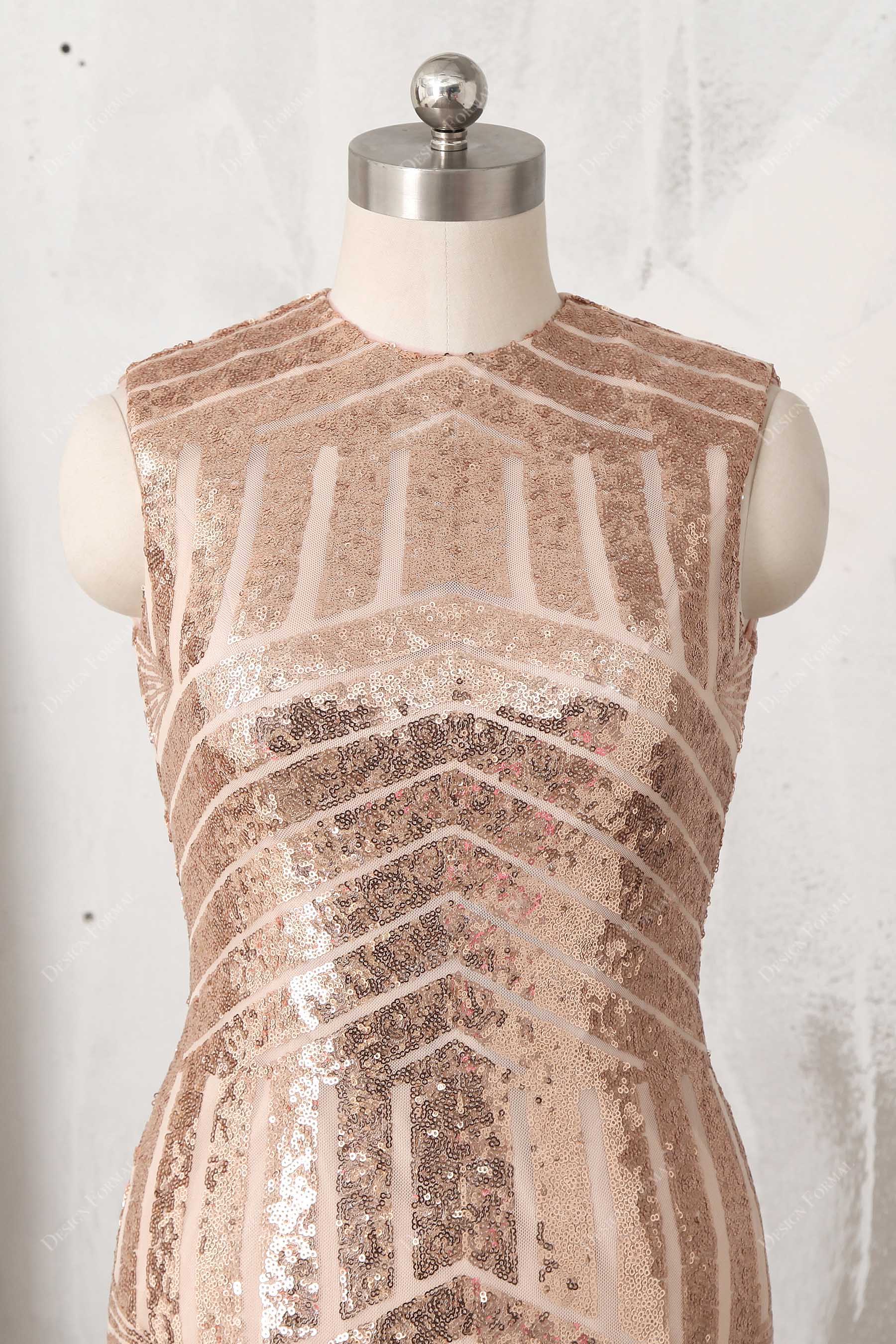 sleeveless crew neck rose gold sequin gown