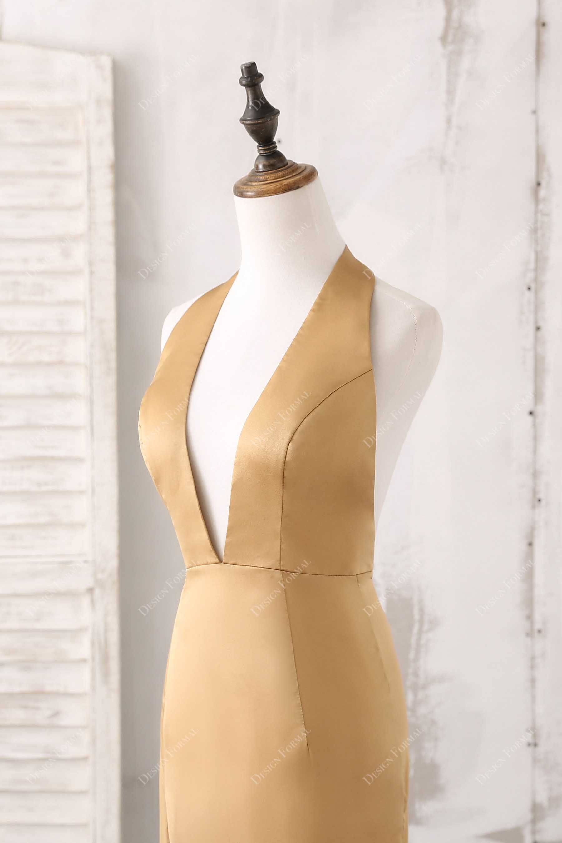 Gold Halter Neck Sexy Plunge Open Back Simple Evening Bridesmaid Dress