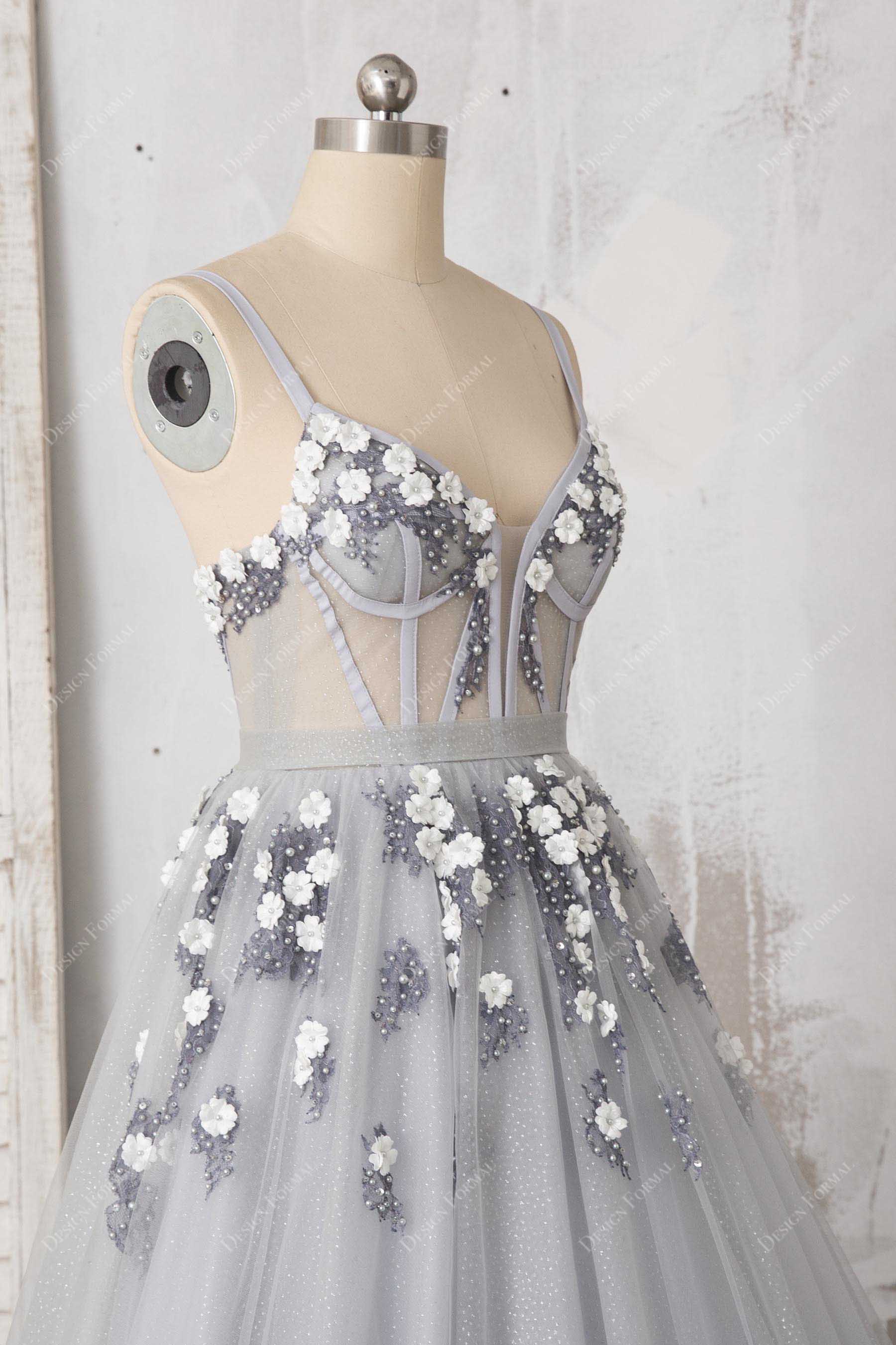 sleeveless grey applique corset prom dress