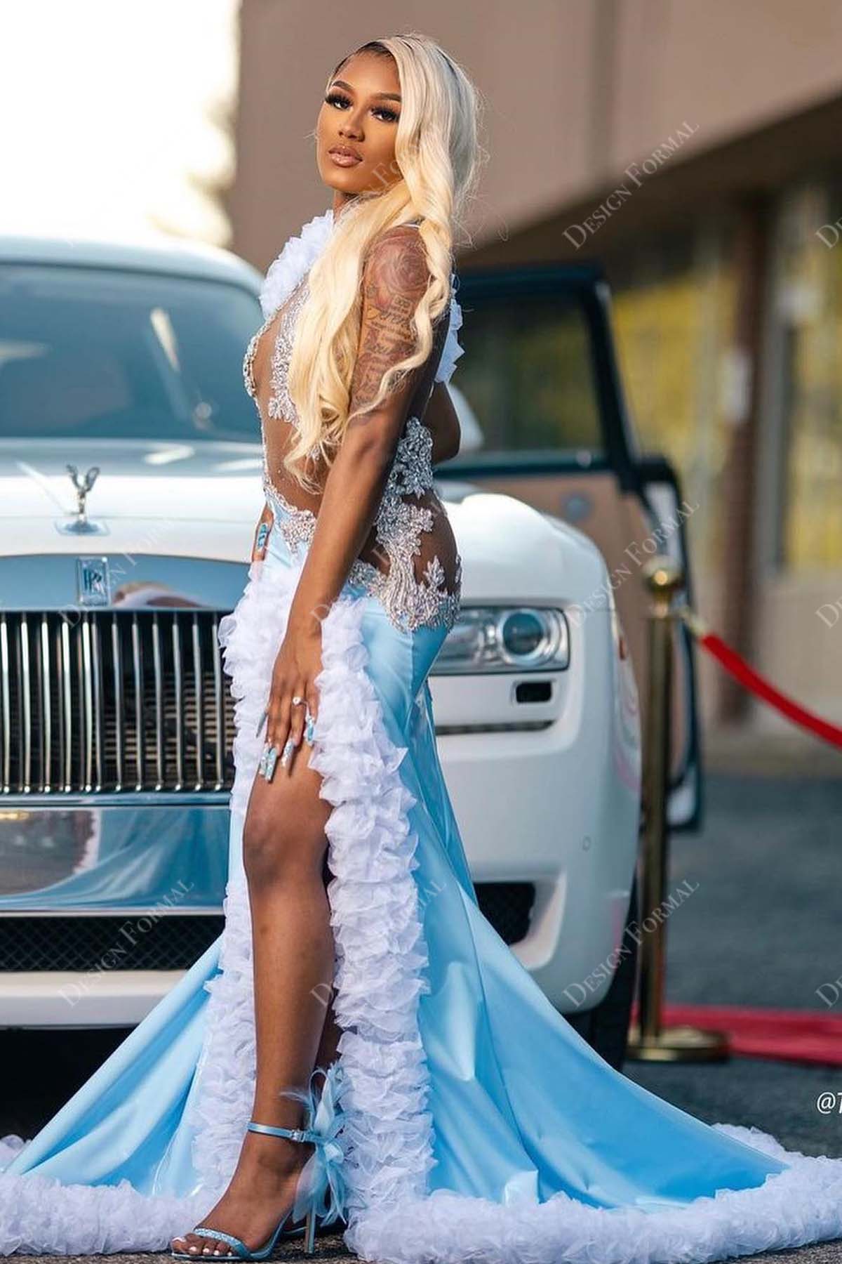 sleeveless sequin sky blue satin tulle high slit custom prom gown