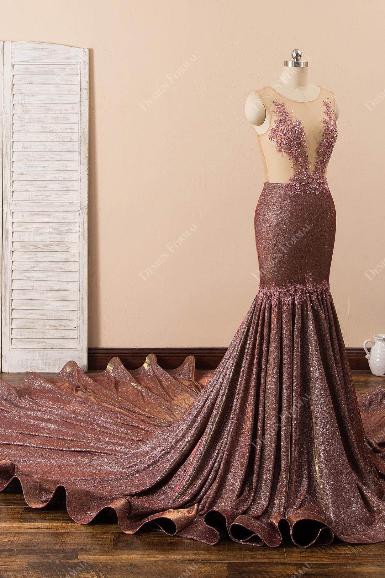sleeveless illusion top long train prom dress