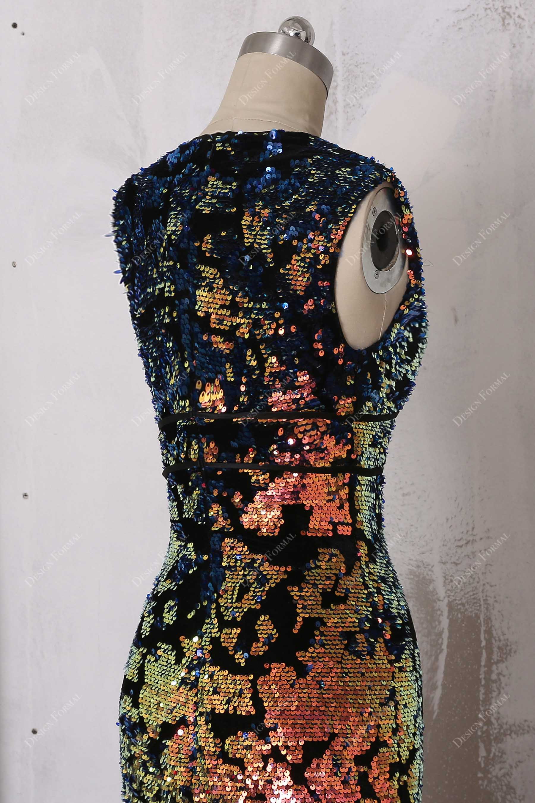 sleeveless iridescent map sequin prom gown