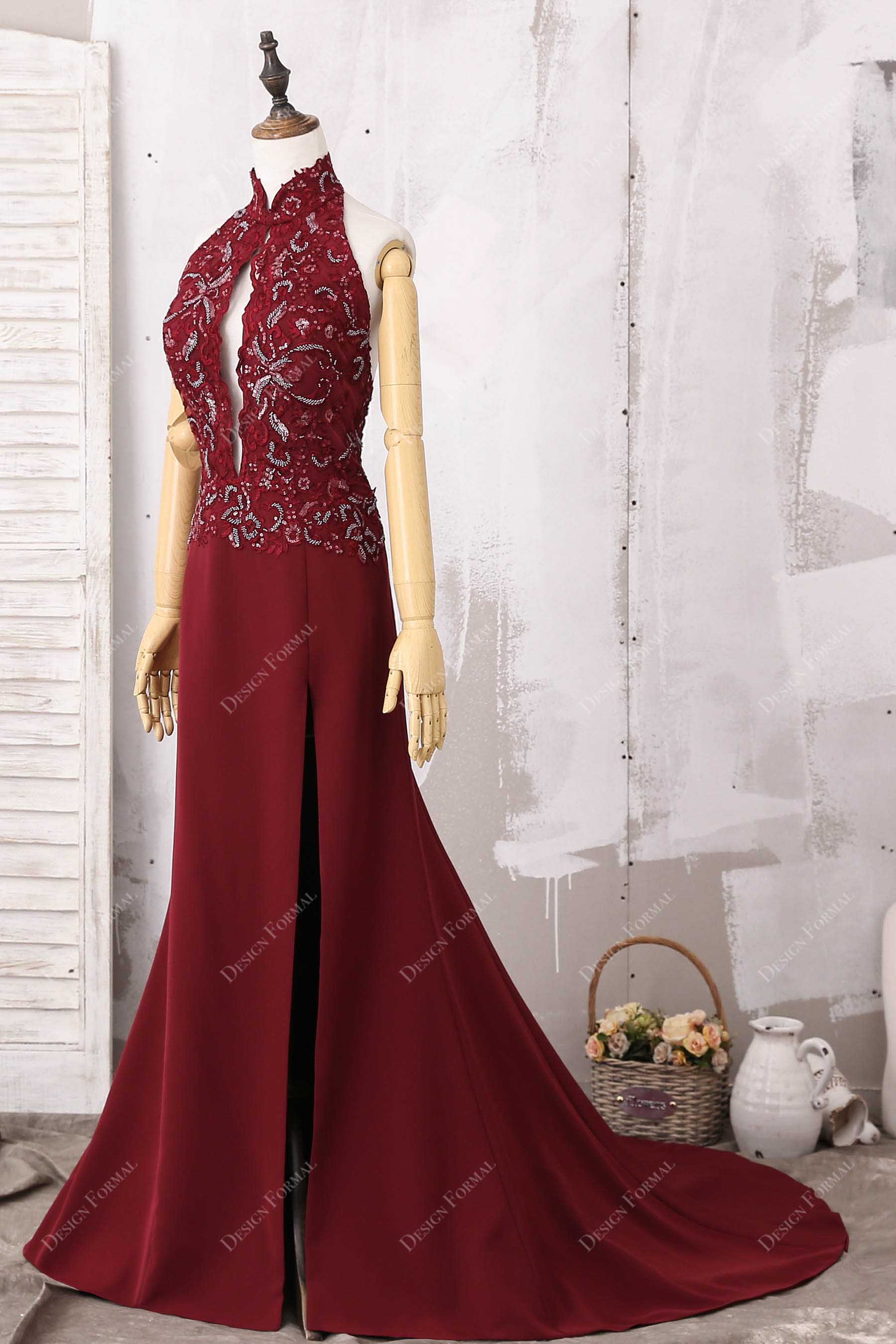 sleeveless mermaid burgundy prom dress