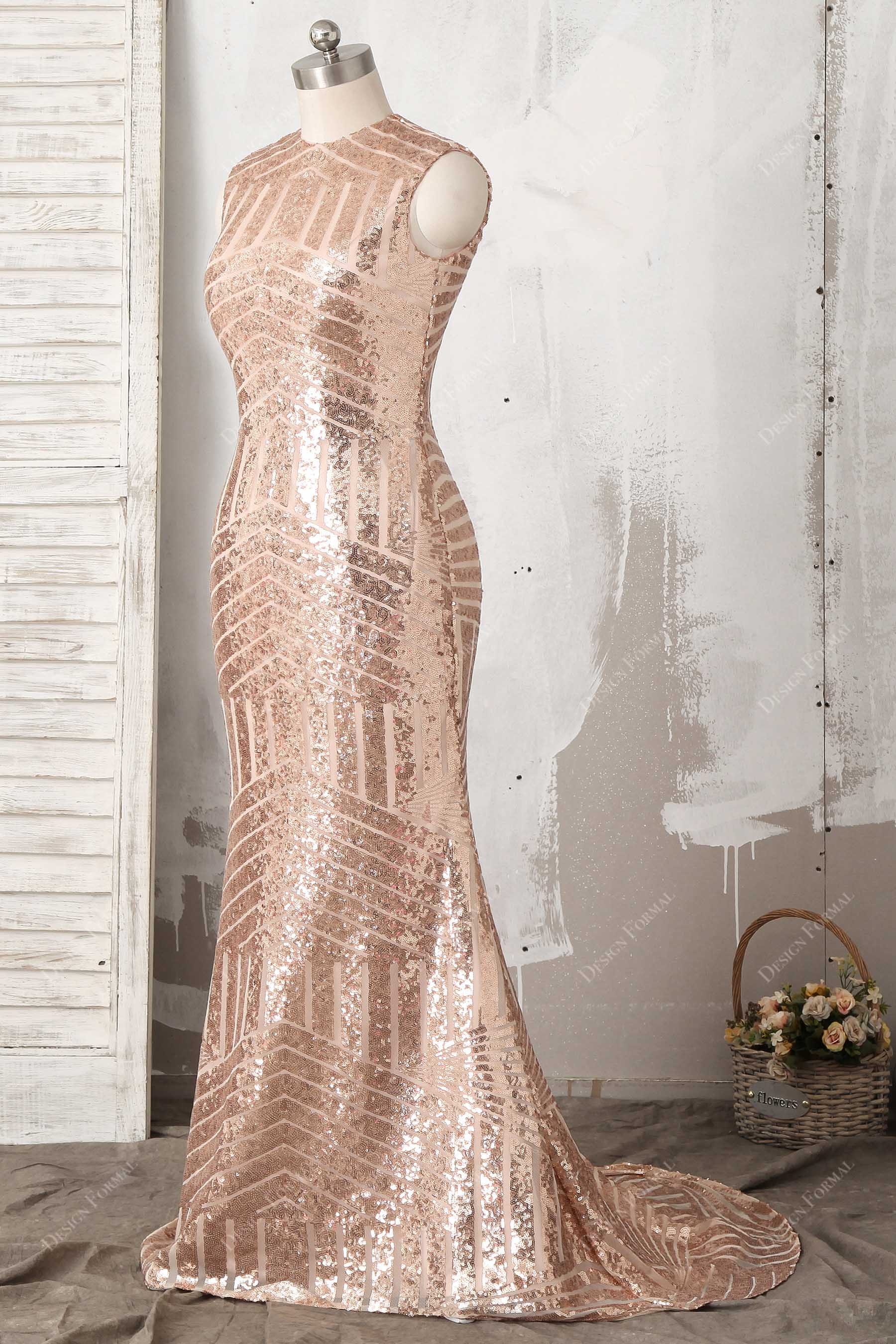 sleeveless mermaid rose gold sequin prom dress