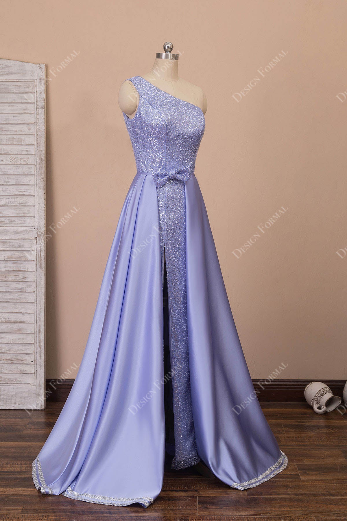 sleeveless one shoulder sparkly overskirt dress