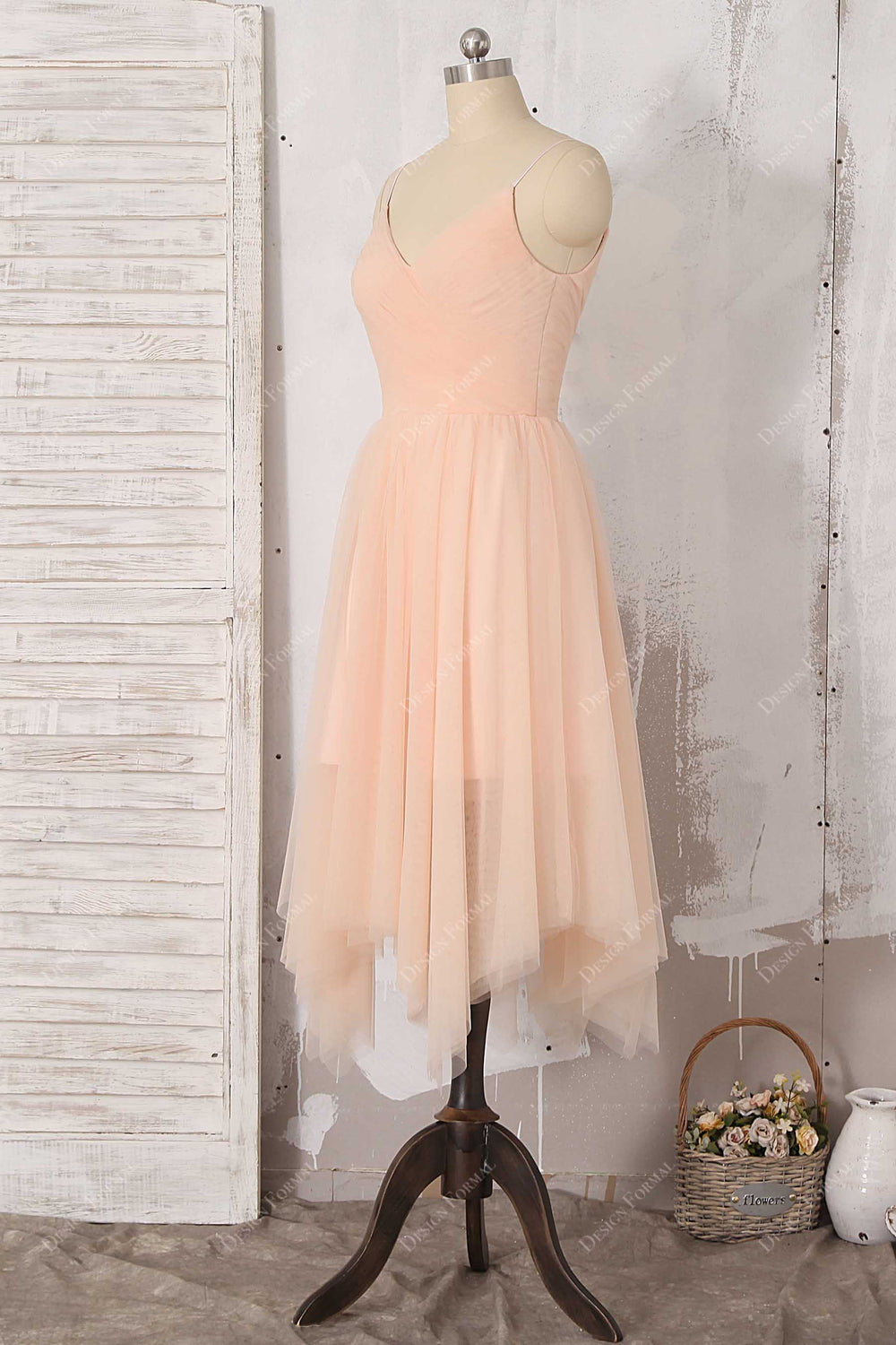 Peach Spaghetti Strap Tea Length Chiffon Homecoming Bridesmaid Dress