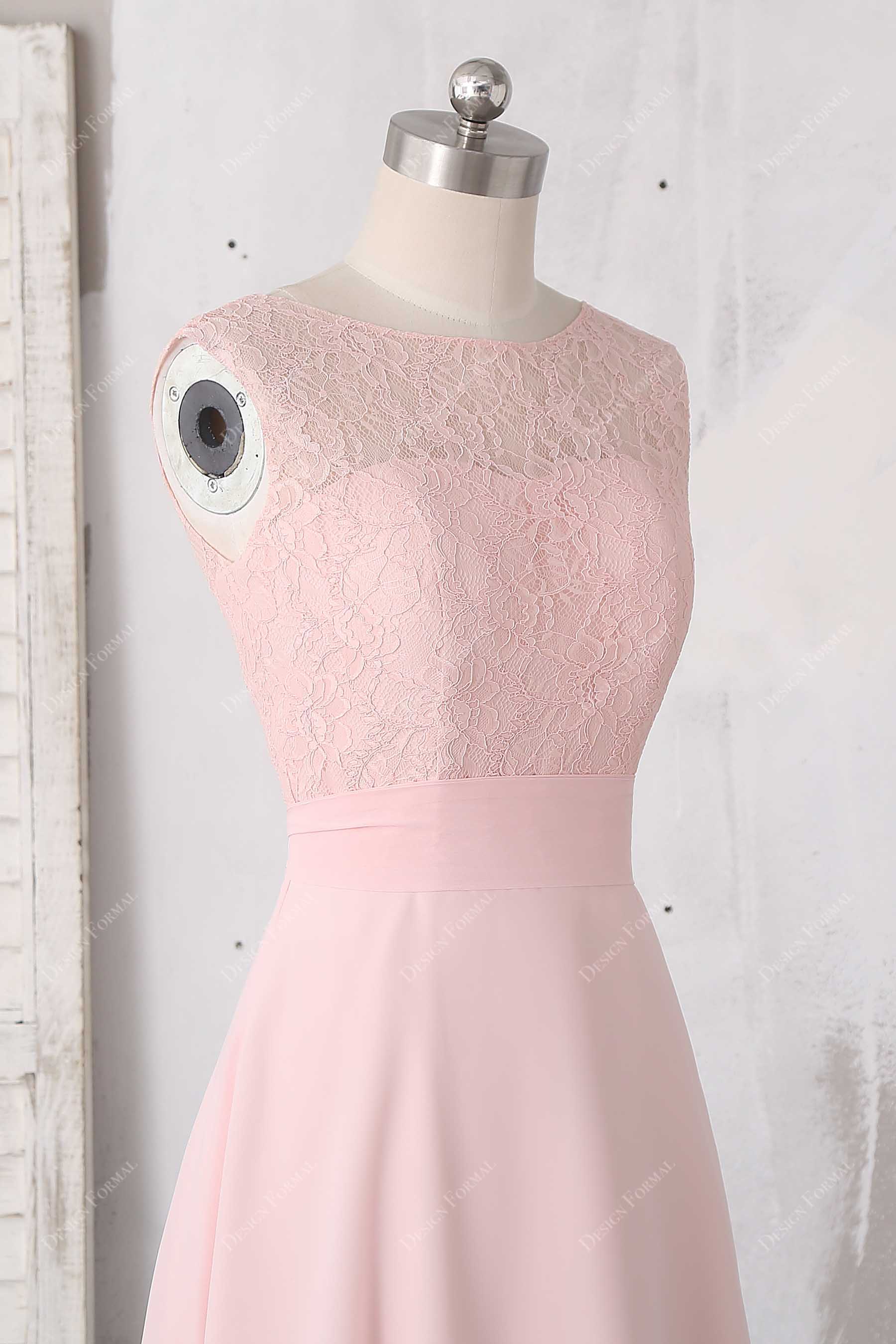 sleeveless pink lace dress with illusion bodice