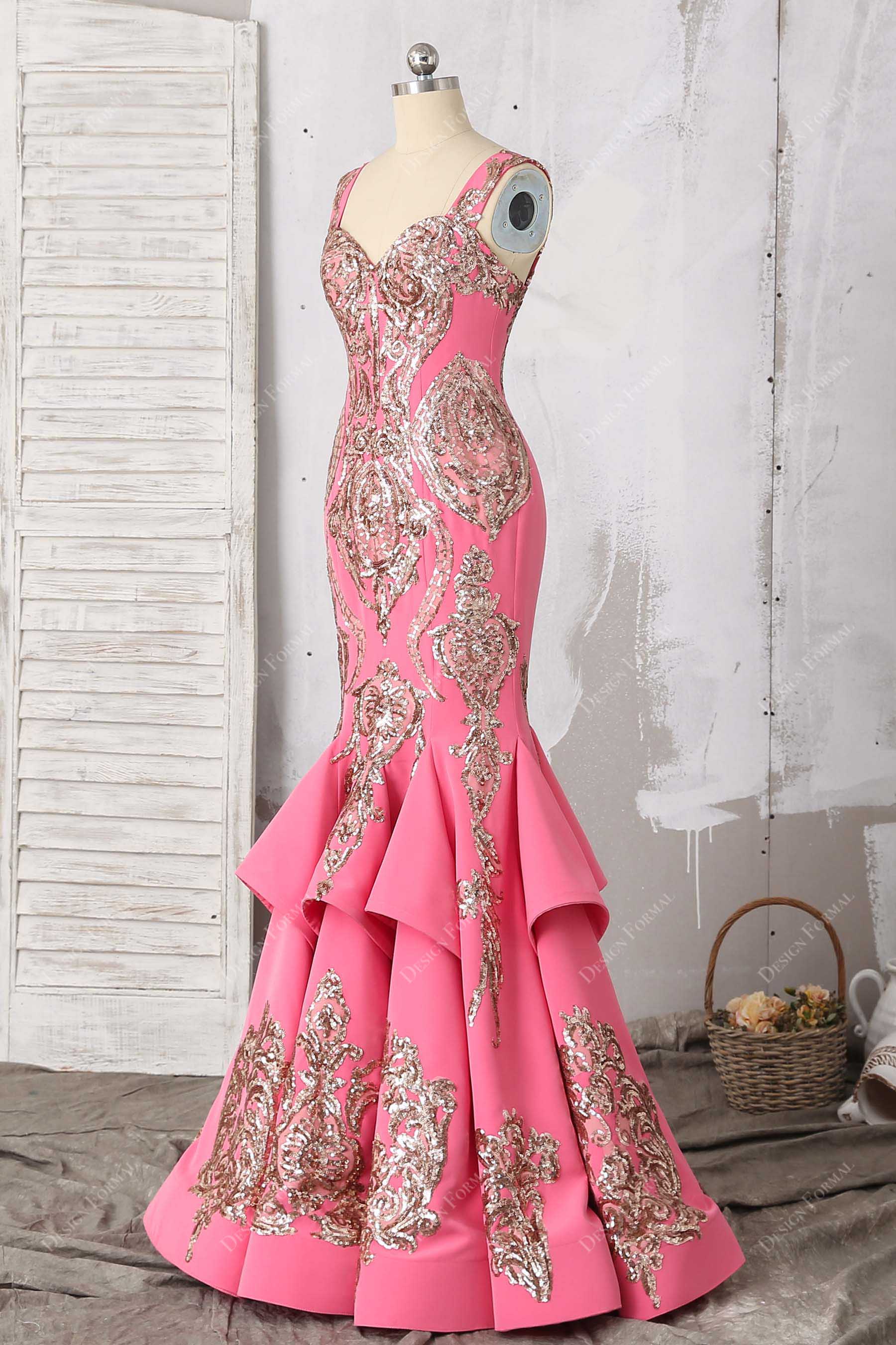 sleeveless pink tiered ruffles prom gown