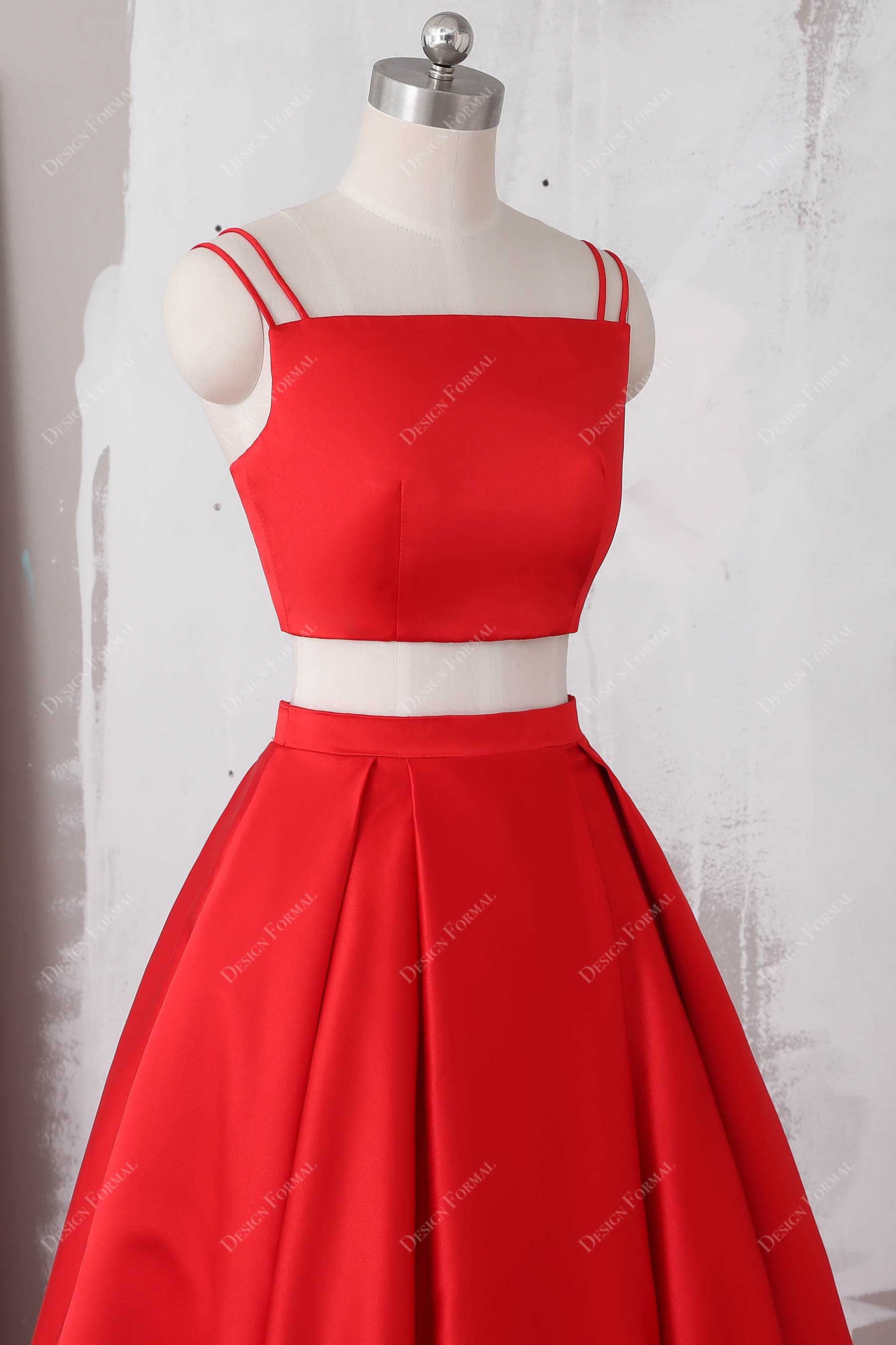 sleeveless red satin double straps crop top