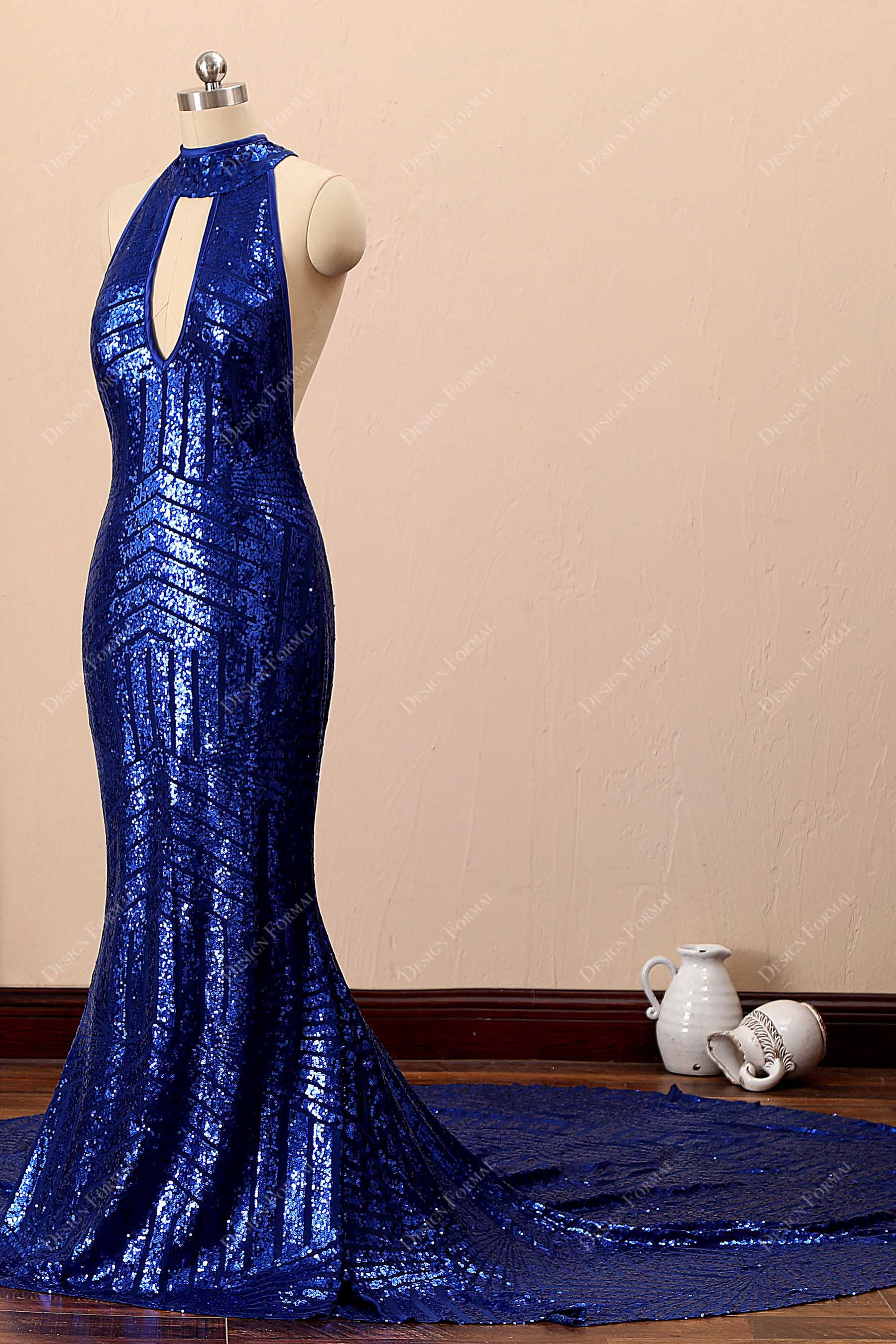 sleeveless royal blue halter mermaid sequin prom dress
