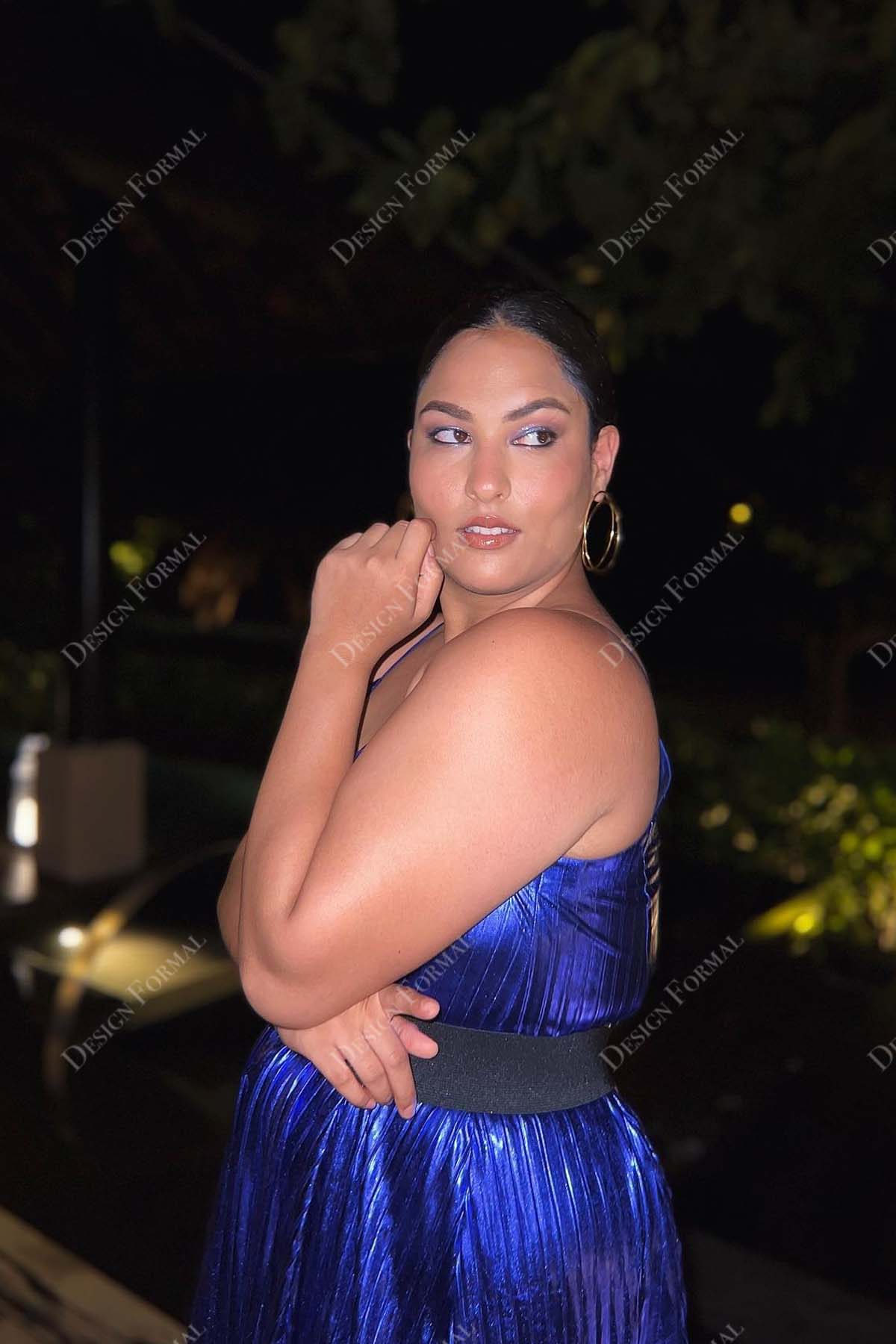 sleeveless royal blue sequin prom dress