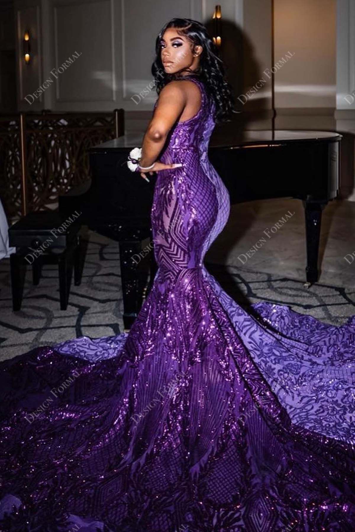 purple sequin sleeveless mermaid long chapel train tail-made prom dress