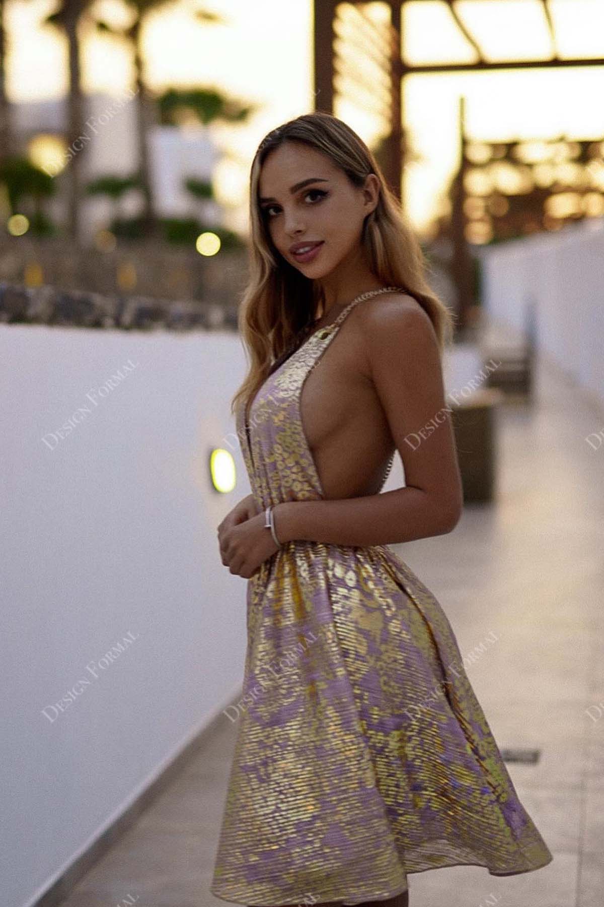 plunging sleeveless yellow purple sequin short cocktail prom dress