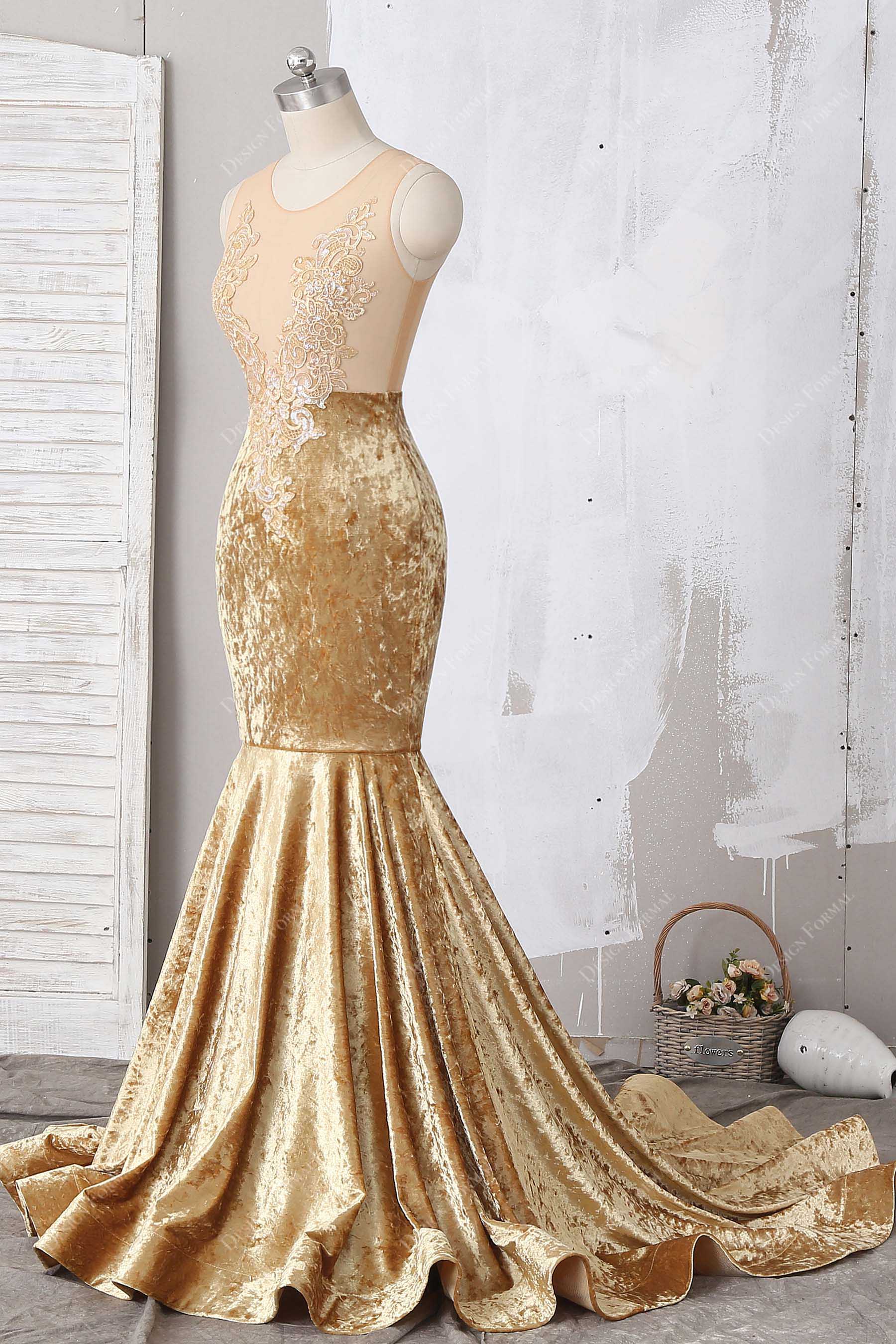 sleeveless sheer applique velvet gold prom dress