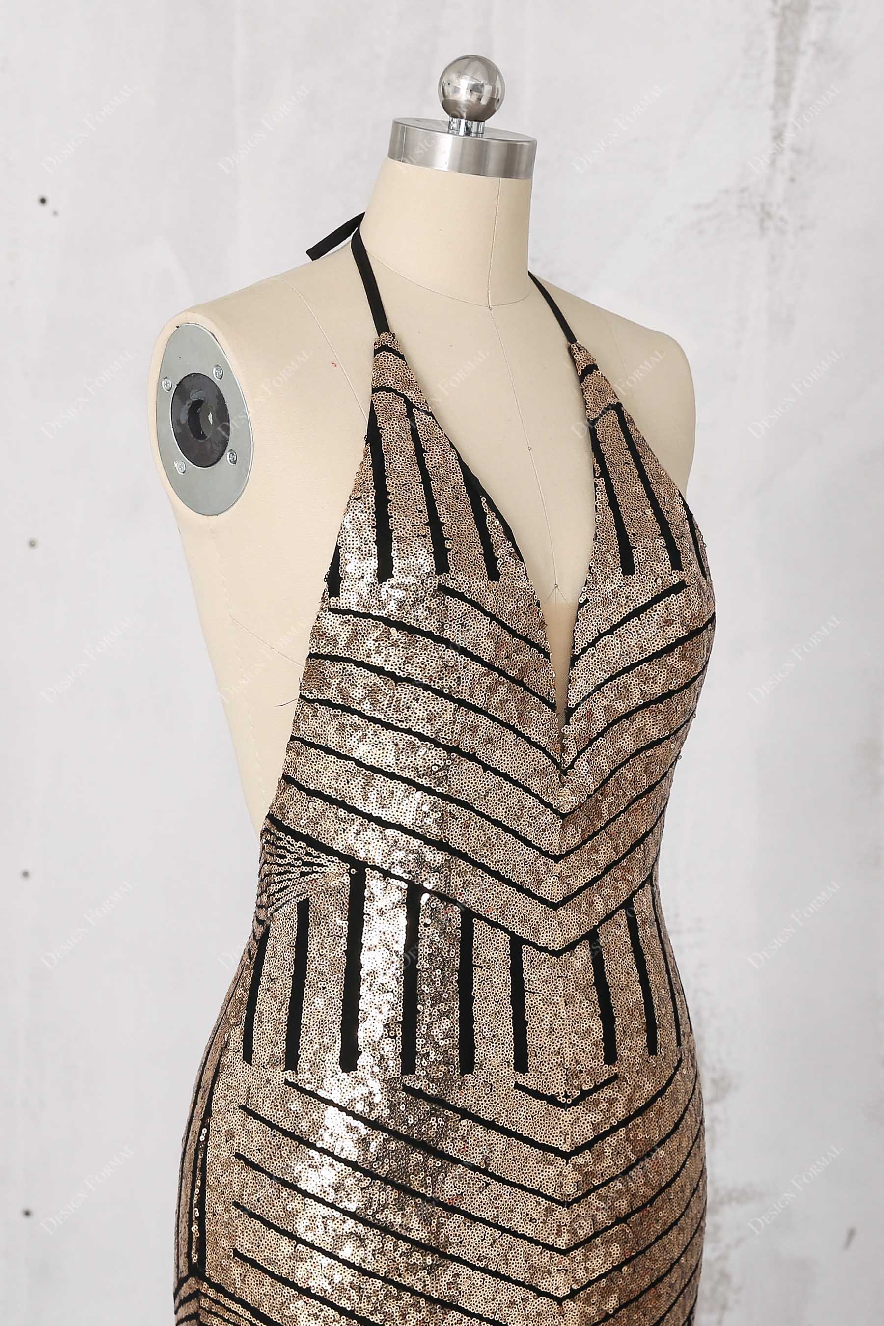 sleeveless stripe sequin prom dress