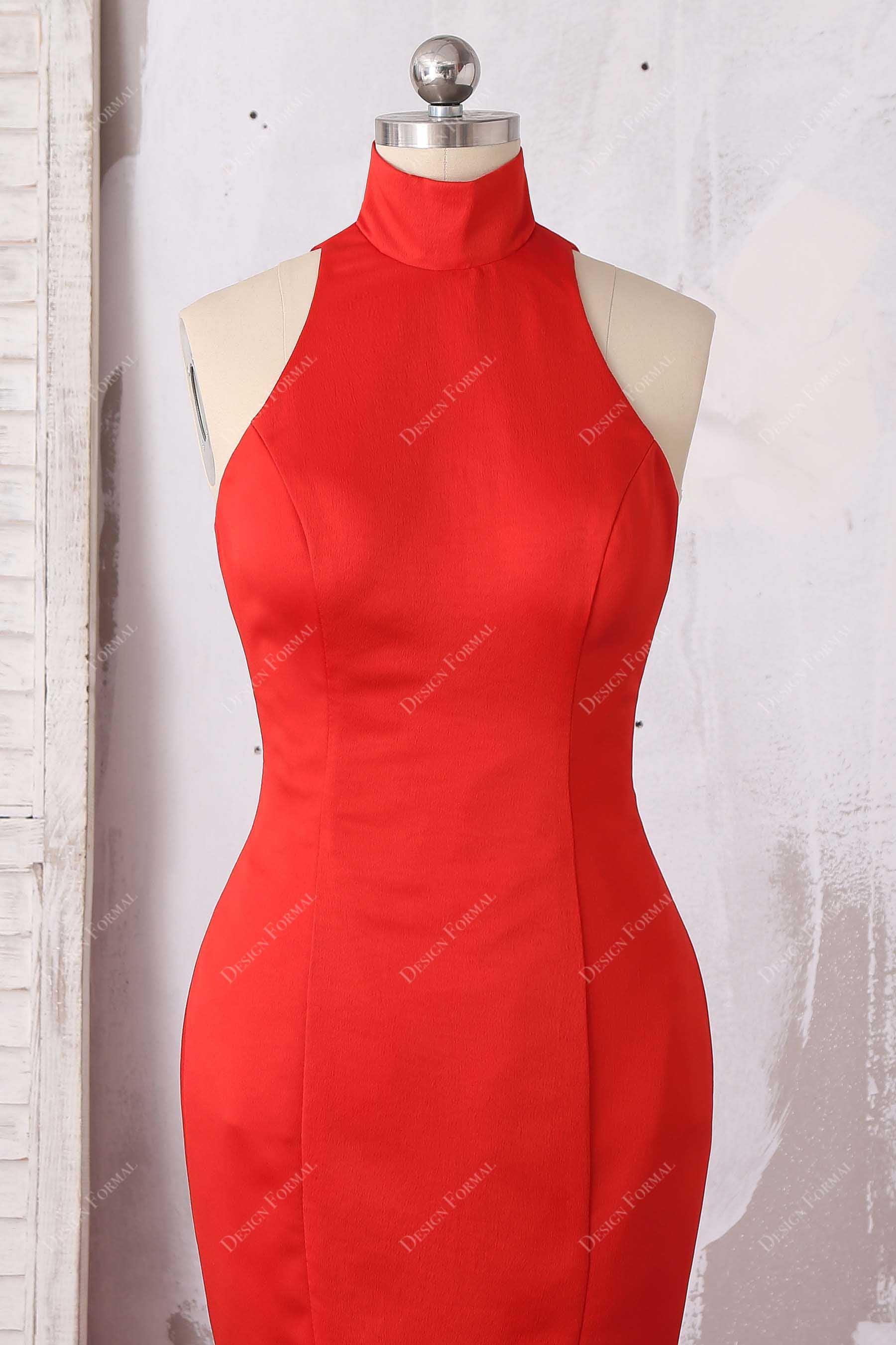 sleeveless turtle neck red satin gown