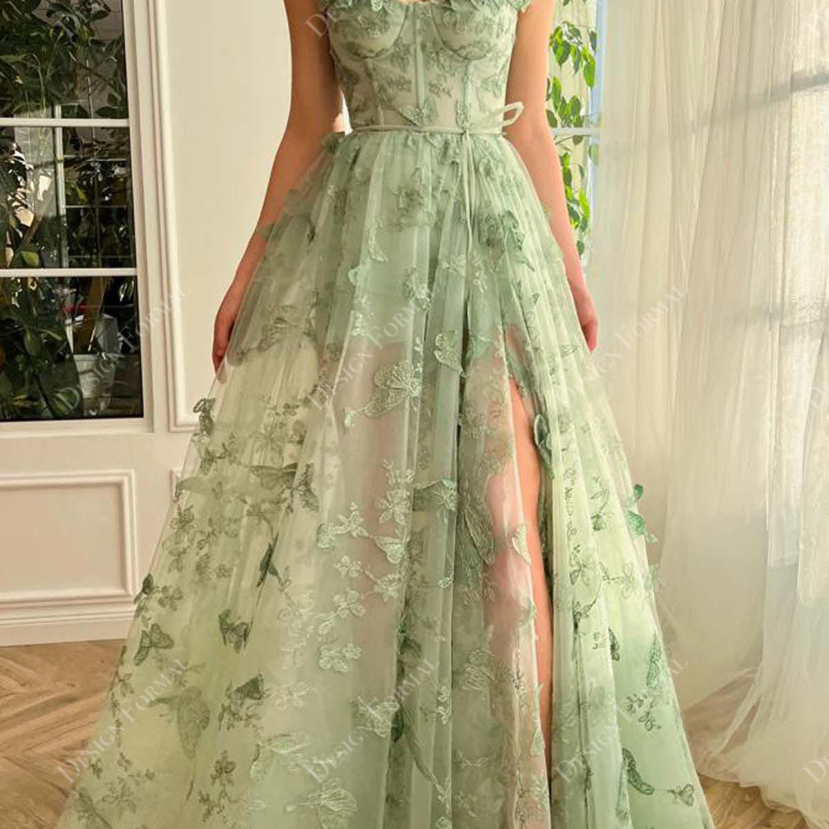 butterfly corset prom dress WEDTREND Women Pink Floral Prom Dress with Slit A-Line Off The Shoulder Corset Formal Dress with 3D Butterflies, Pink / US6