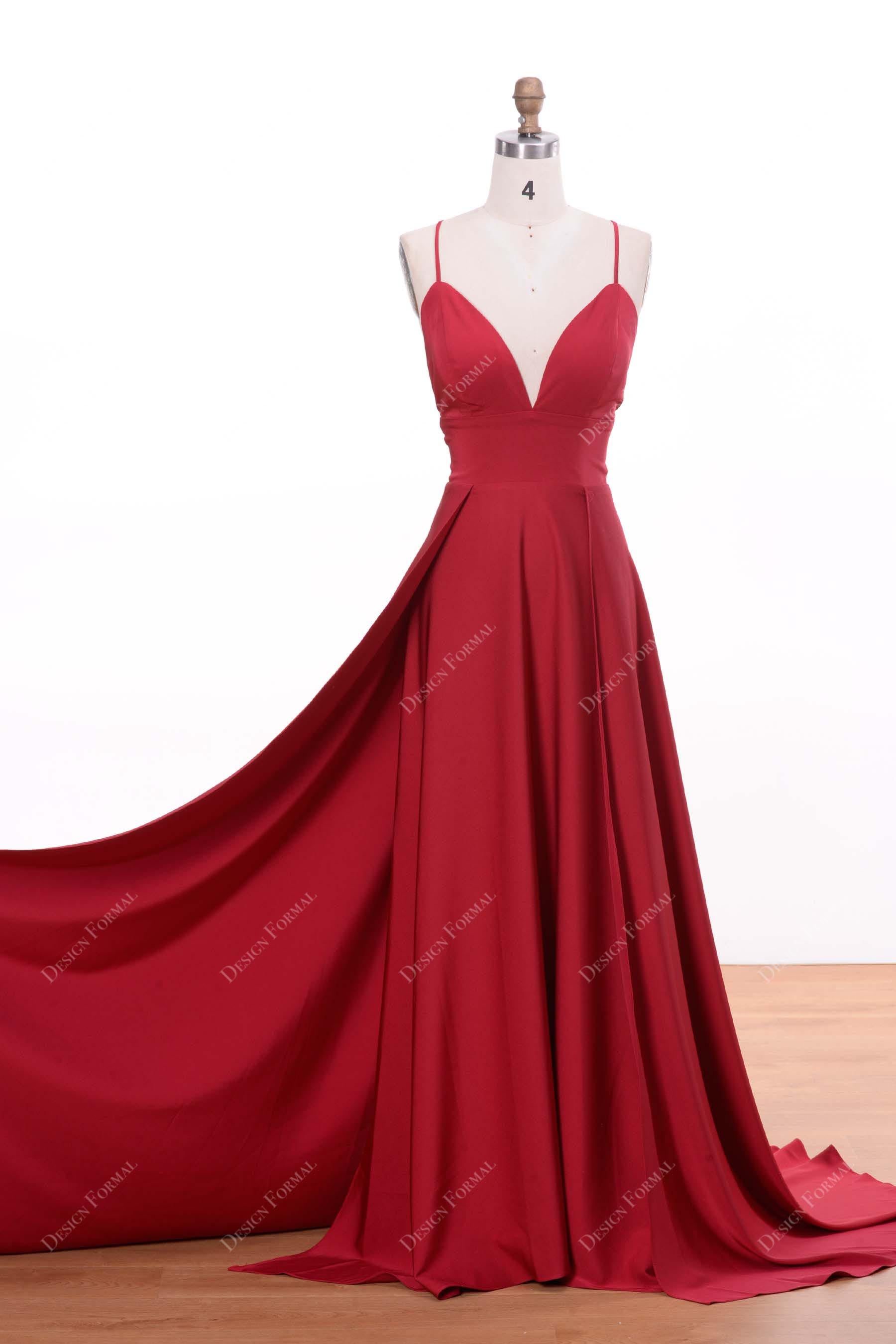 slit A-line spaghetti straps red prom dress