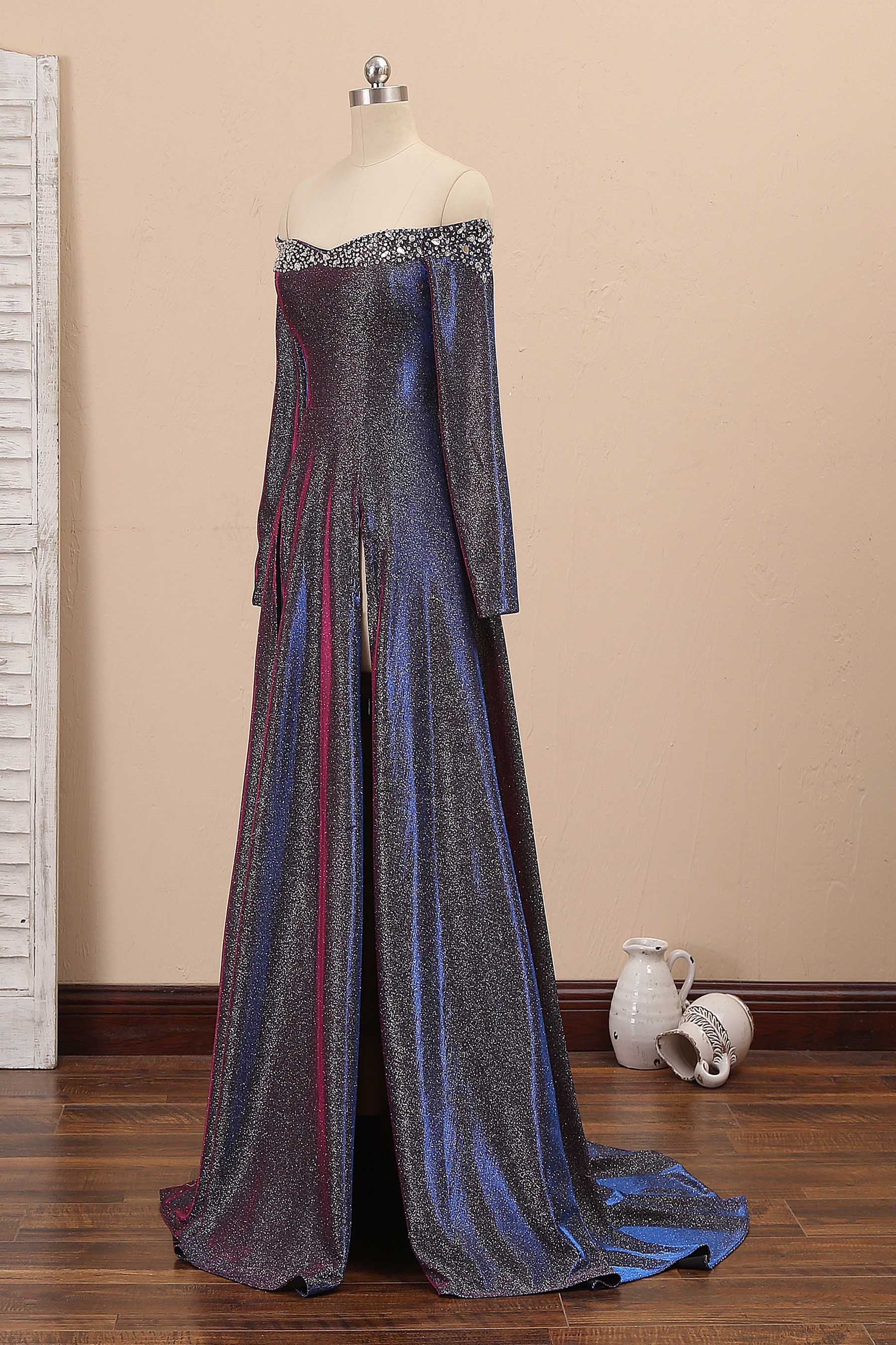 Slit A-line Sparkly Metallic Prom Dress