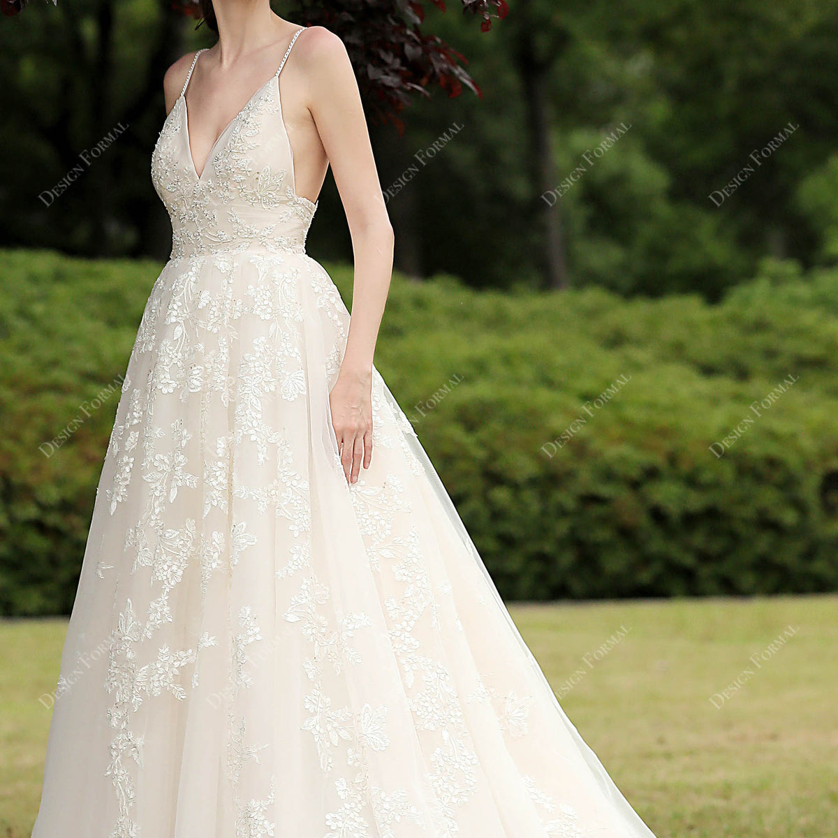 Spaghetti Strap Beautiful Floral Lace Nude Empire A-line Bridal Dress, White Spaghetti Strap Beautiful Floral Lace Nude Empire A-line Bridal Dress, White