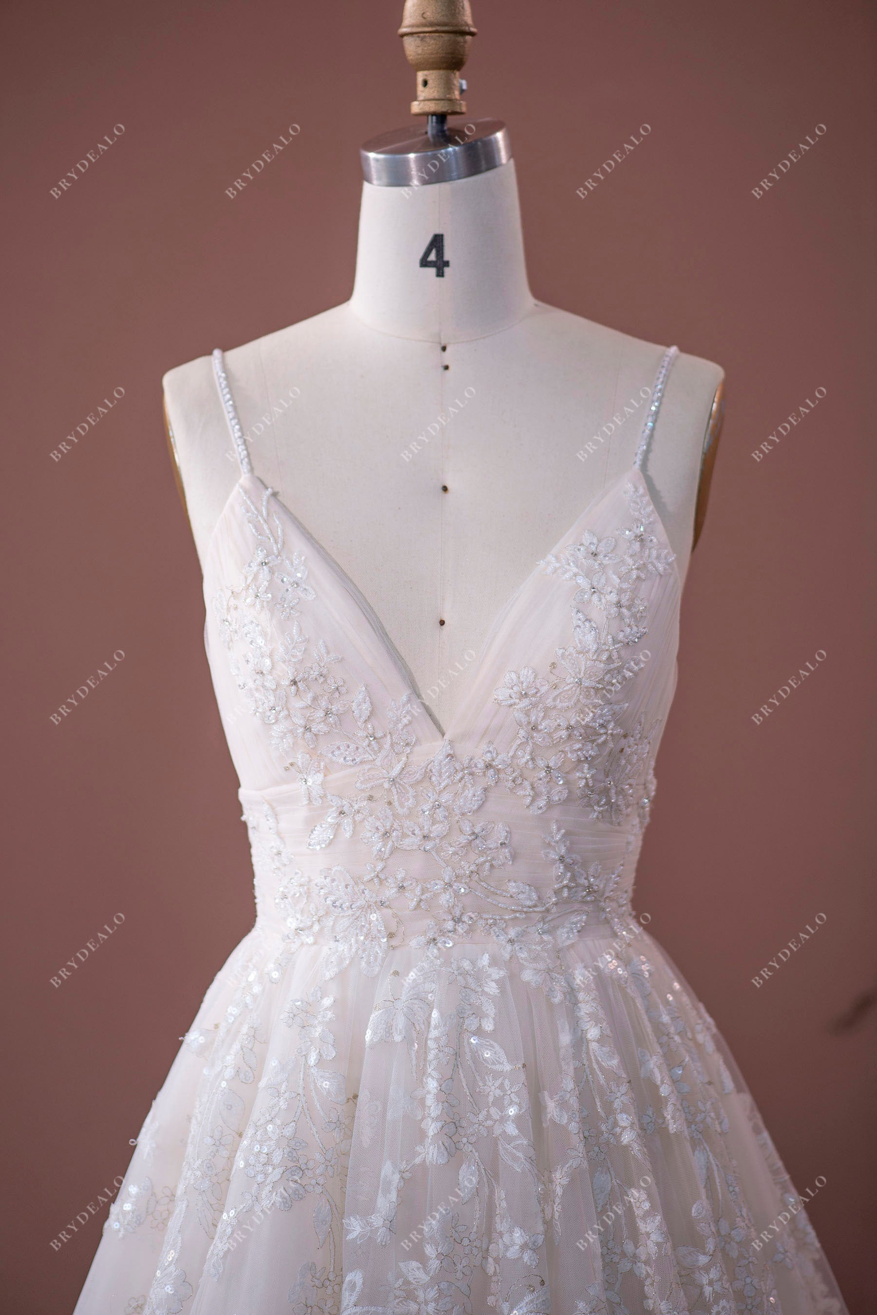 Spaghetti Strap Beautiful Floral Lace Nude Empire A-Line Bridal Dress, White Spaghetti Strap Beautiful Floral Lace Nude Empire A-Line Bridal Dress, White