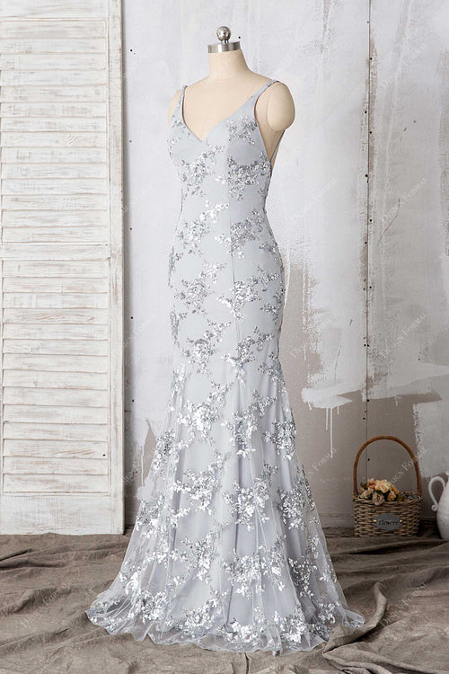 Silver Gray Mermaid Sequin Evening Prom Dress for Women Party