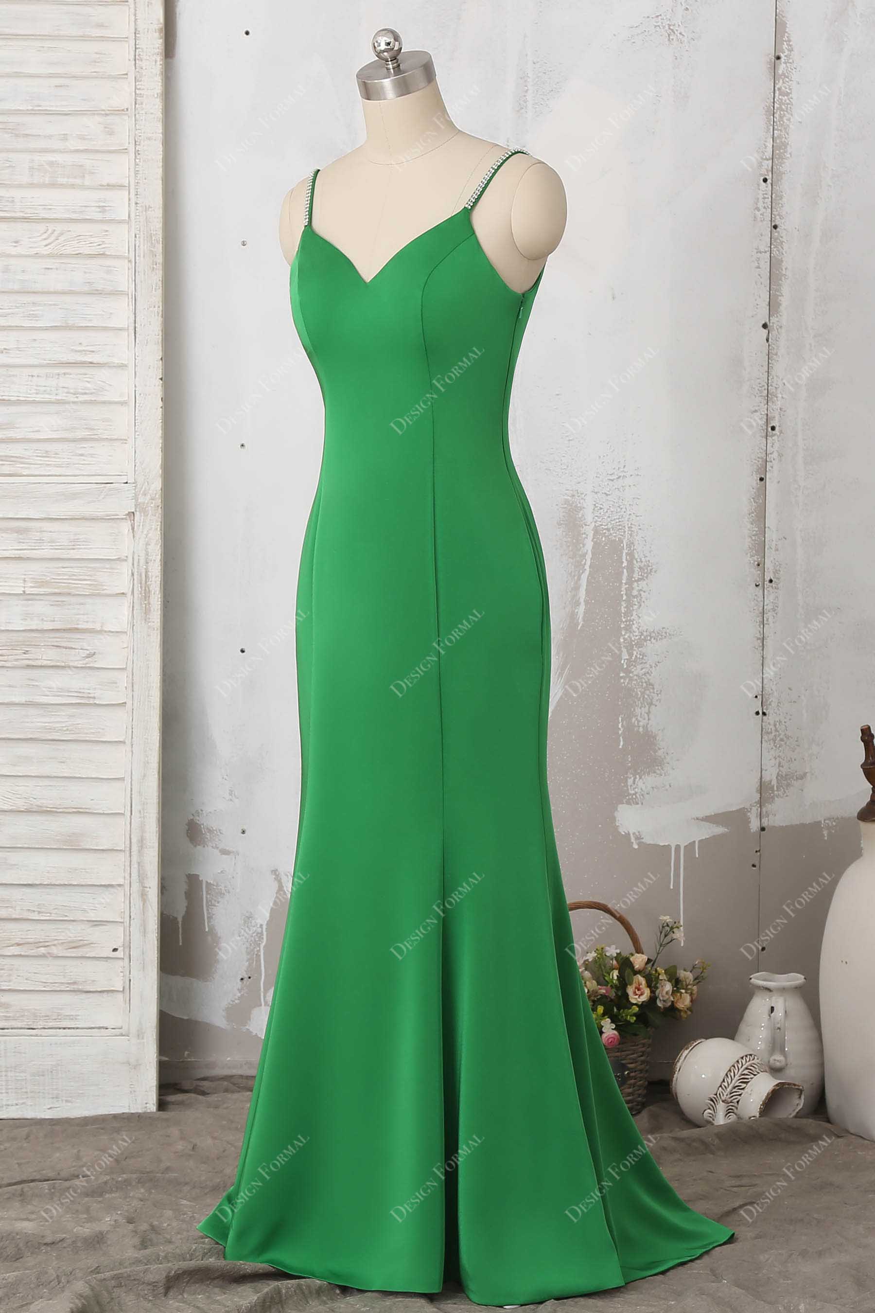 spaghetti straps sleeveless green floor length prom dress