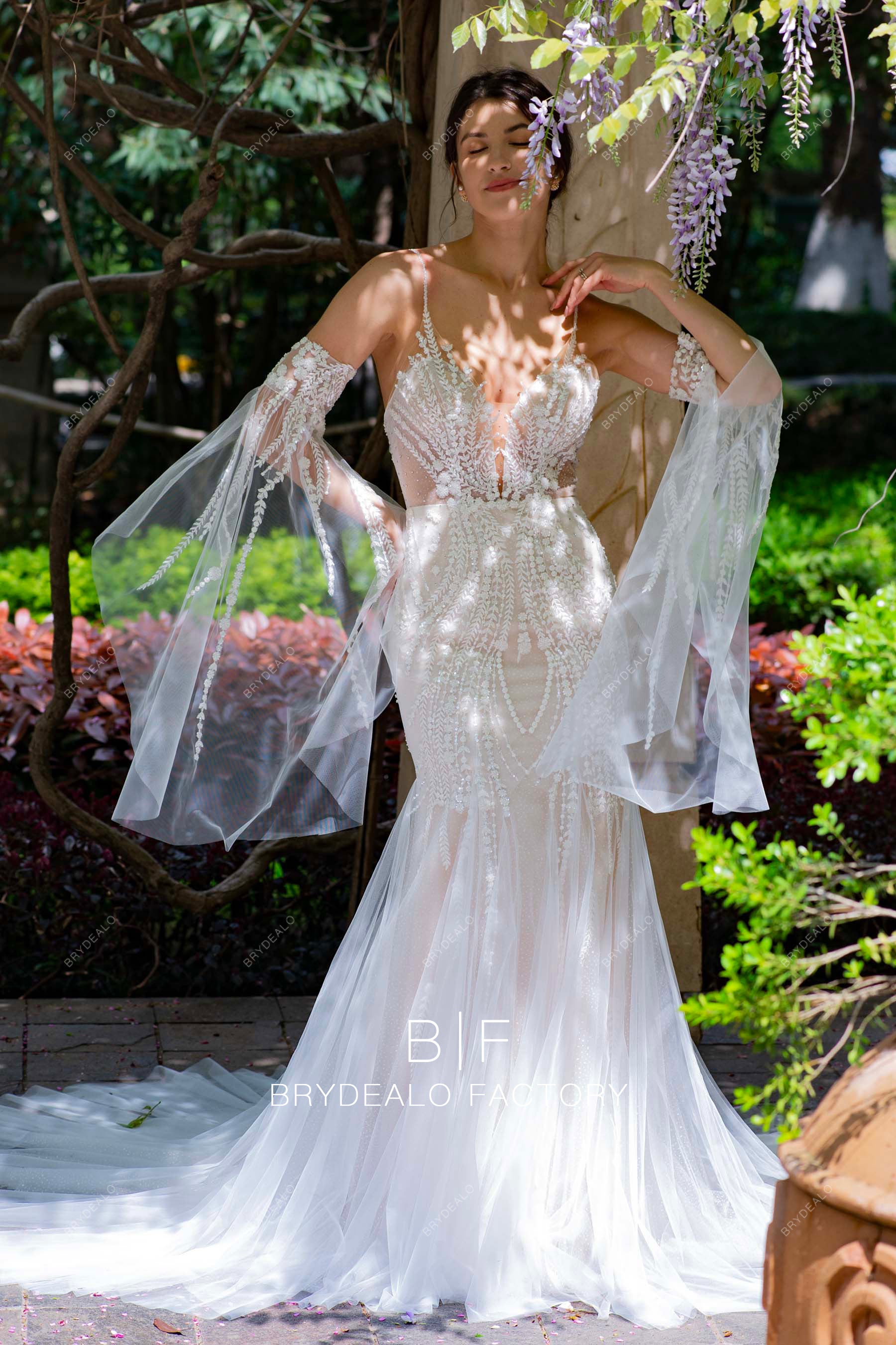 sparkly detachable bell sleeve lace boho wedding dress