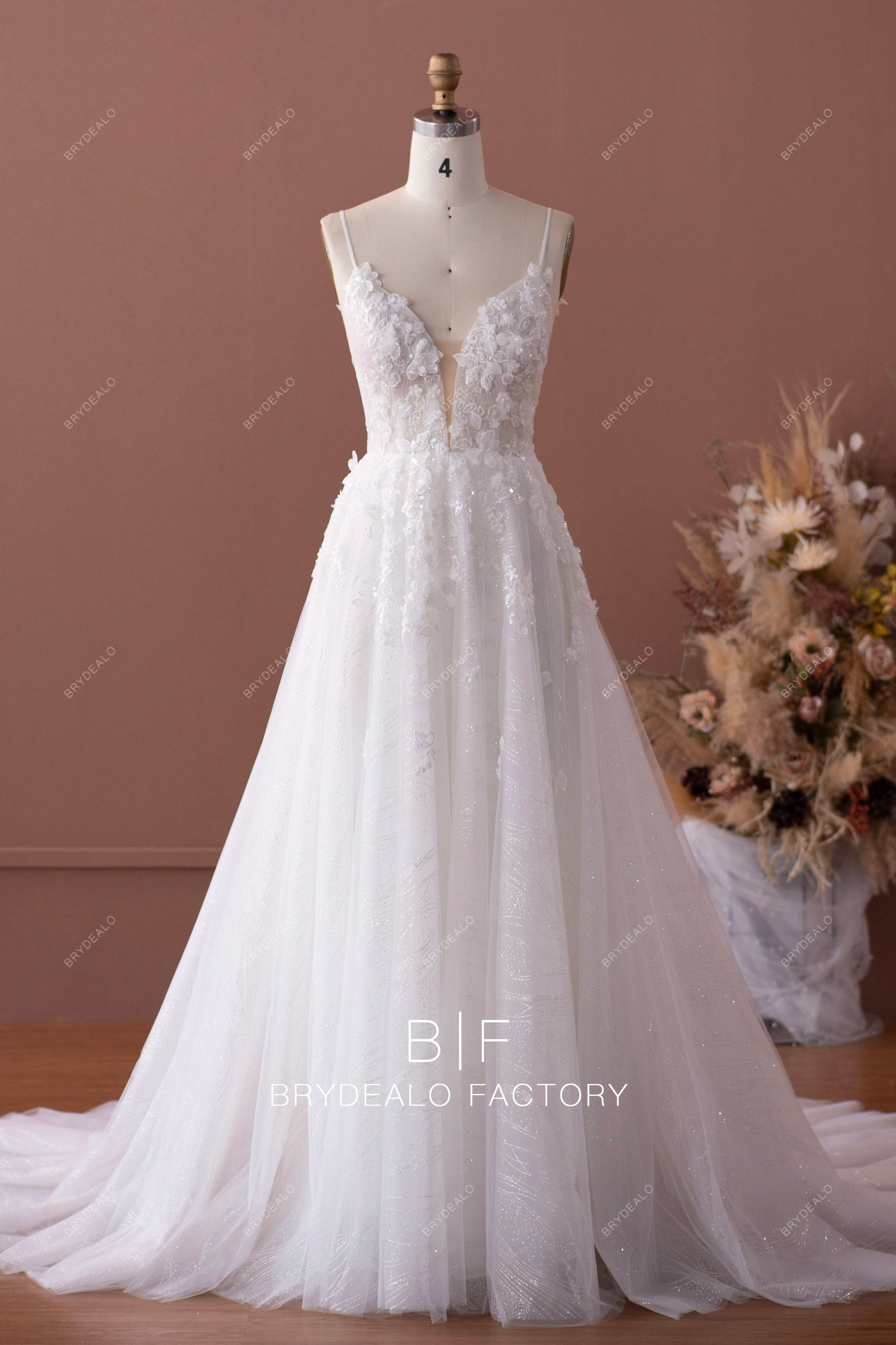 Romantic Flower Lace Plunging Neck Wedding Ball Gown