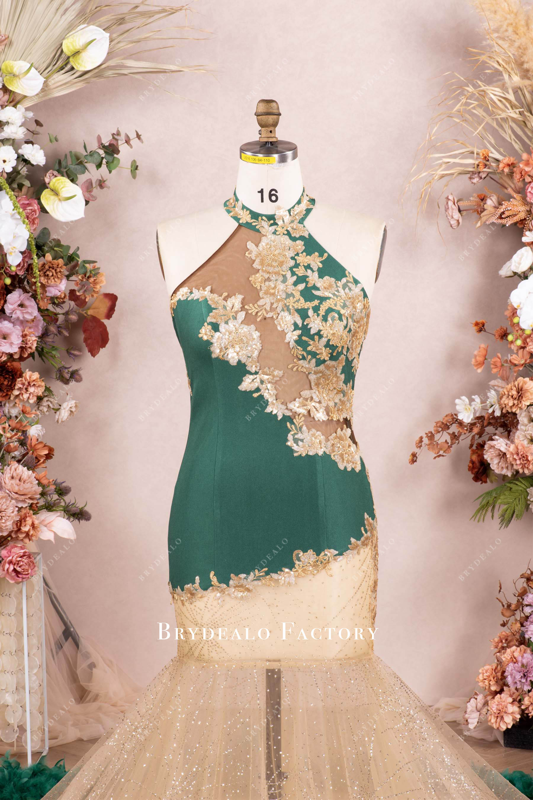 sparkly gold green sleeveless prom dress