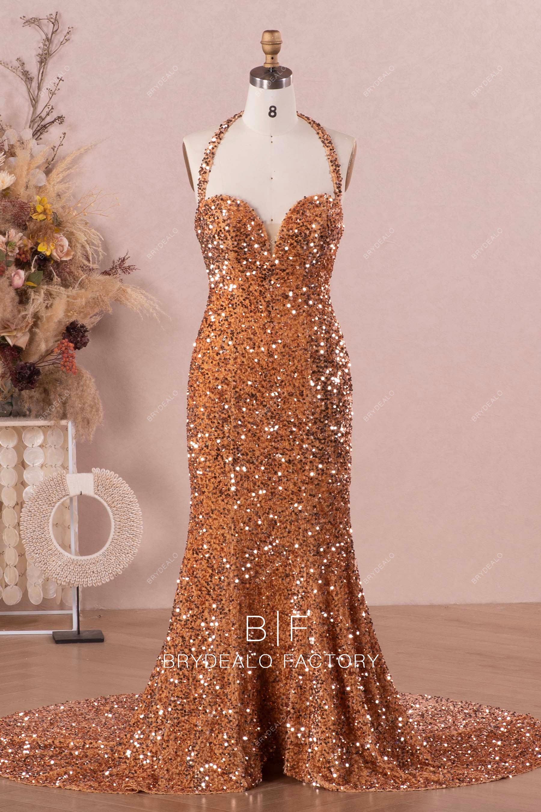 sparkly halter fit flare prom dress