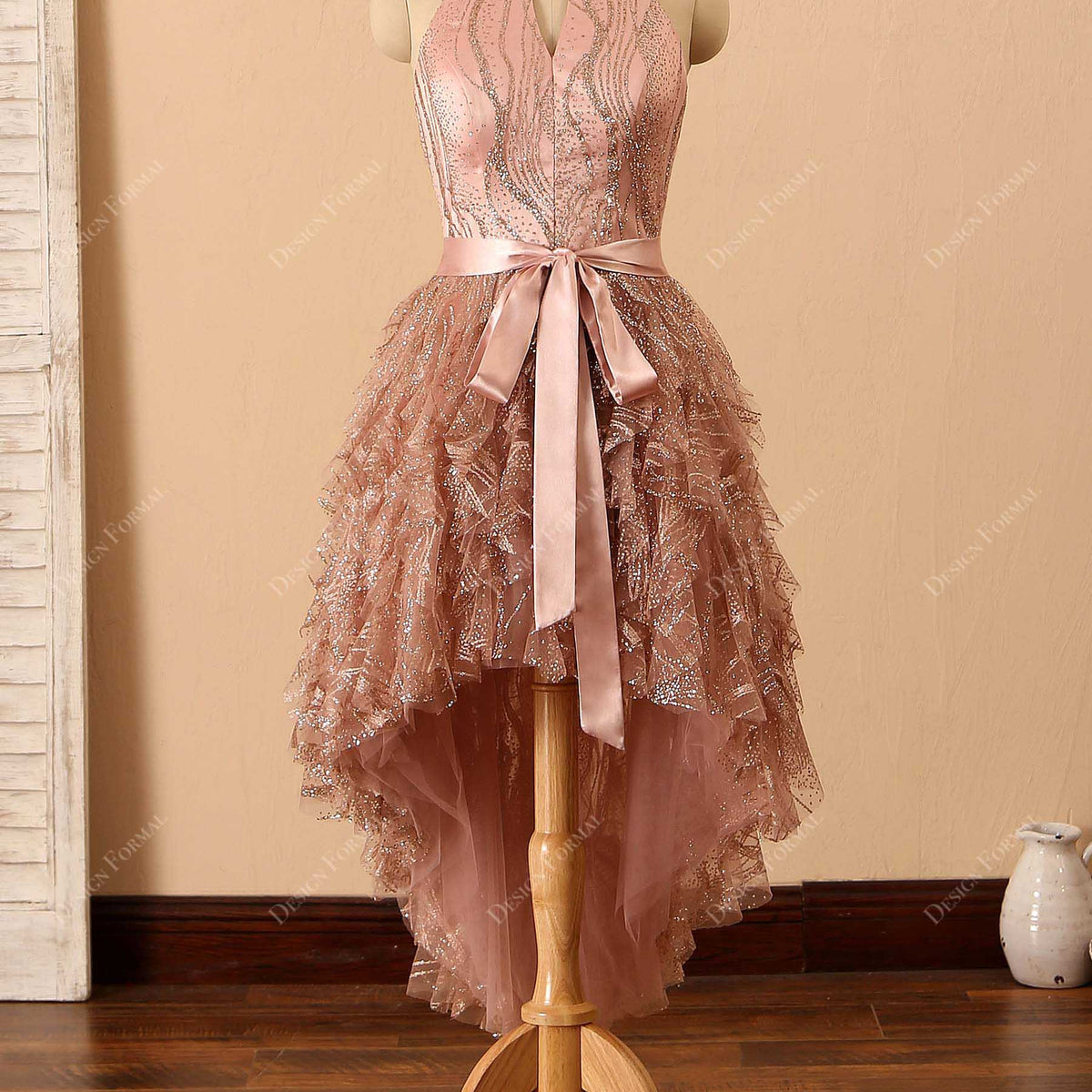 Rose Gold Glitter Keyhole Halter Ruffle High-Low Cocktail Dress Rose Gold Glitter Keyhole Halter Ruffle High-Low Cocktail Dress
