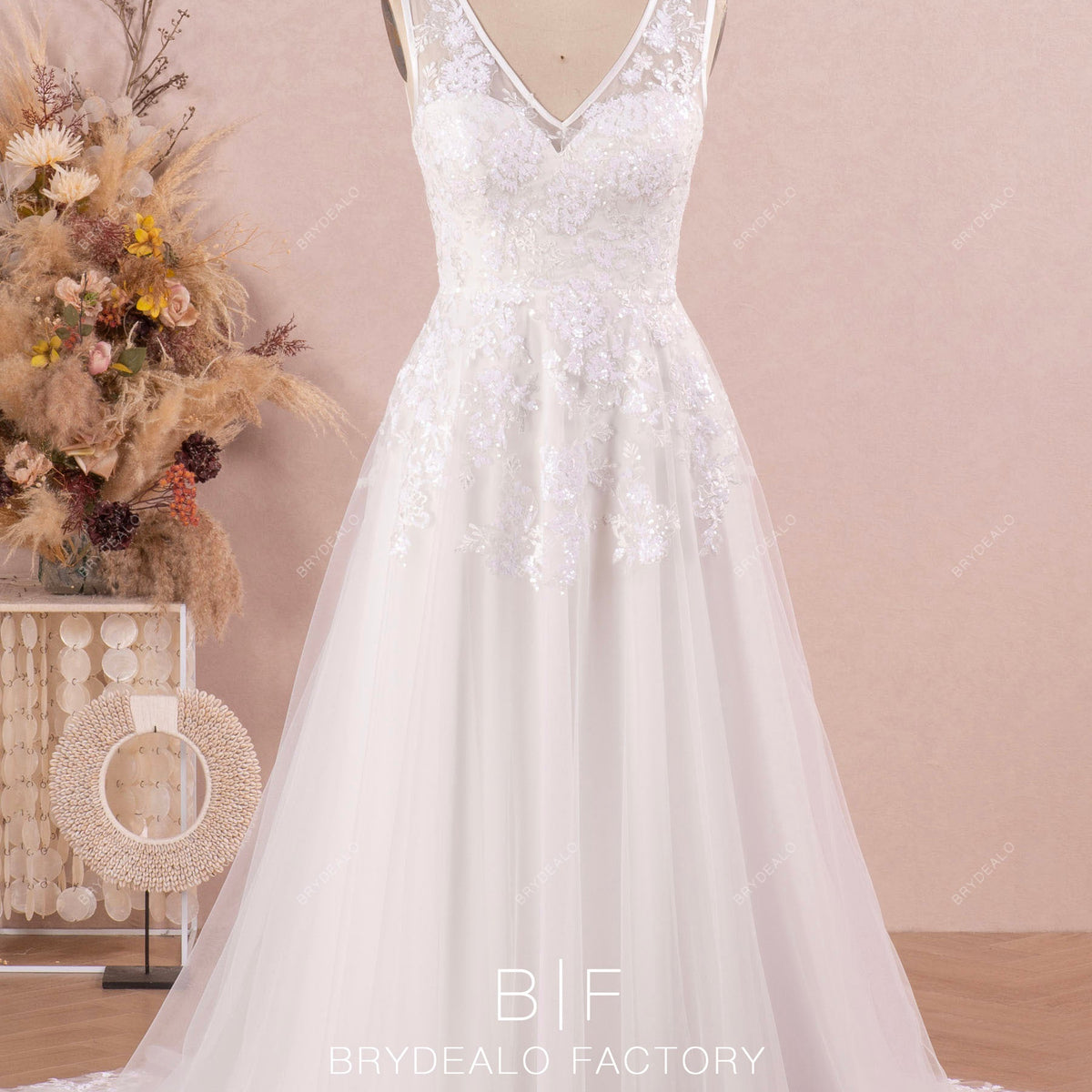 Sleeveless Sequined Lace Designer Cutout Back Long Wedding Dress